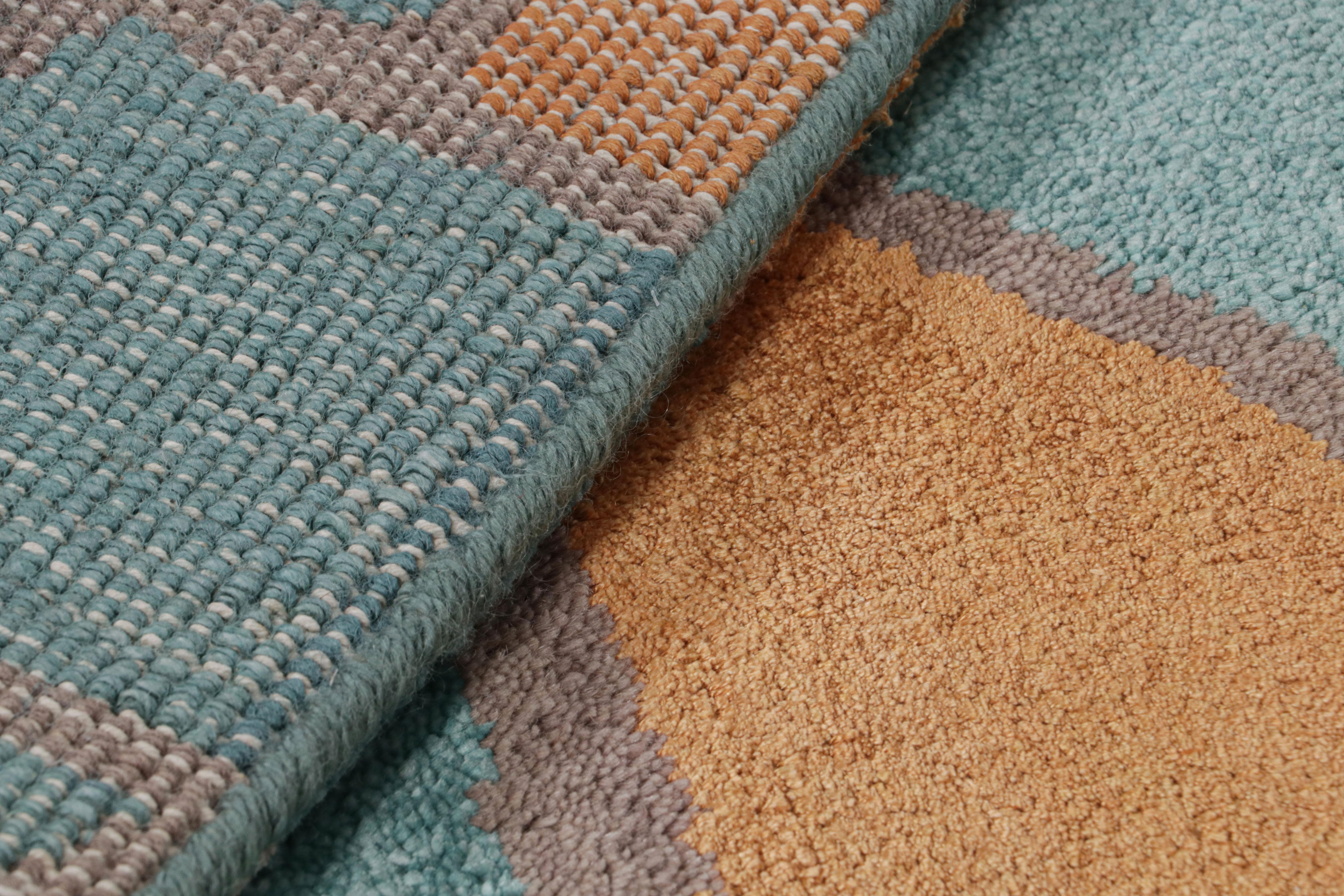 Rug & Kilim’s Mid Century Modern Geometric Orange-Gold & Blue Wool and Silk Gall For Sale 1