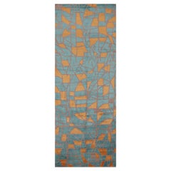 Rug & Kilim's Mid Century Modern Geometric Orange-Gold & Blue Wool and Silk Gall