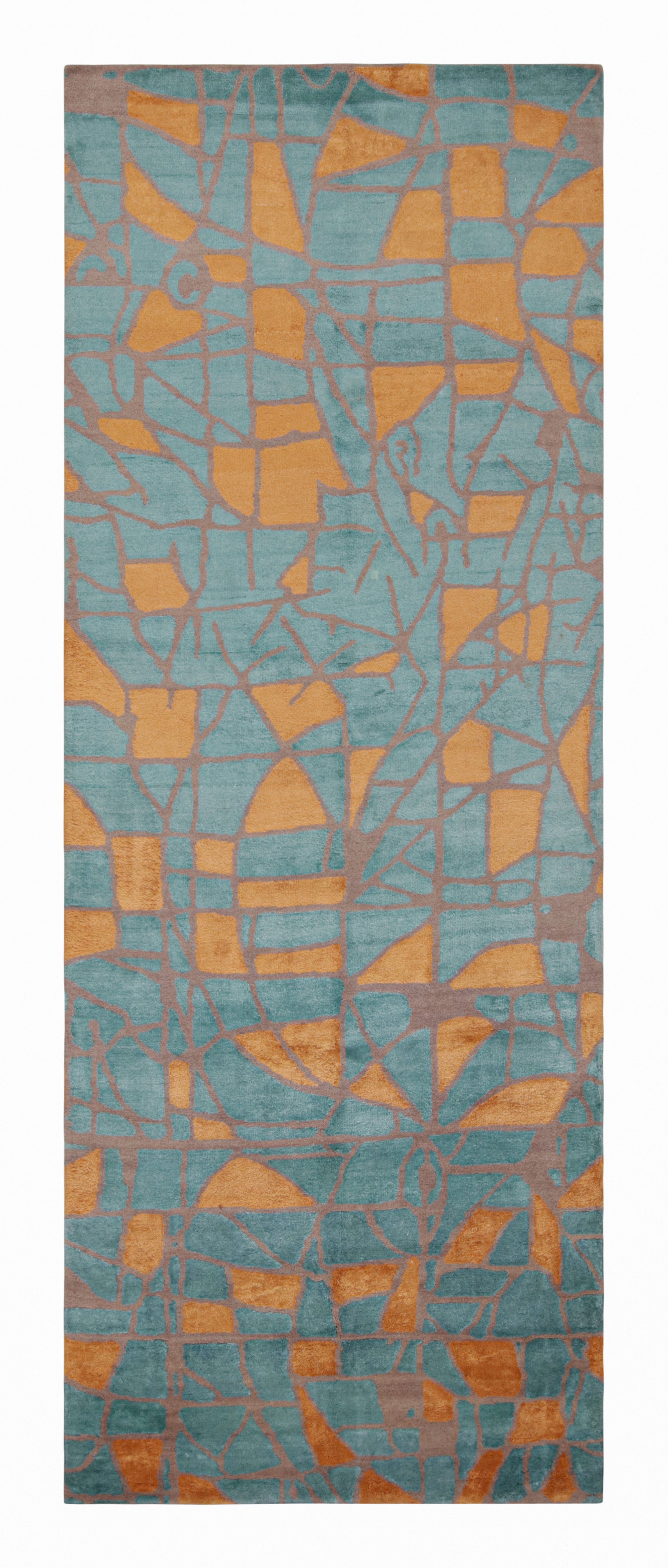Rug & Kilim’s Mid Century Modern Geometric Orange-Gold & Blue Wool and Silk Gall For Sale