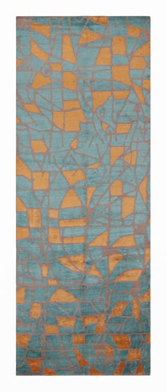 Rug & Kilim's Mid Century Modern Geometric Orange-Gold & Blue Wool and Silk Gall
