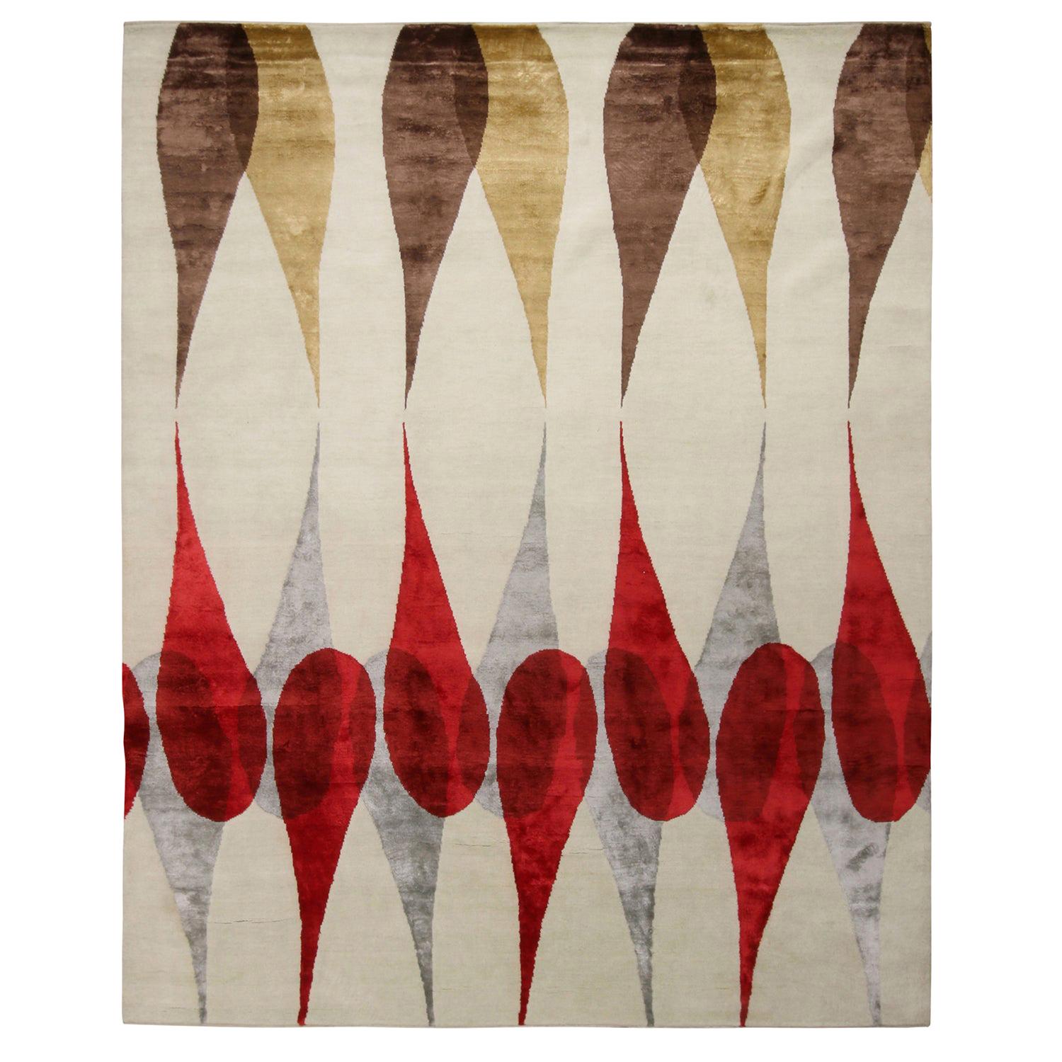 Rug & Kilim’s Mid-Century Modern Geometric White Brown & Red Wool and Silk Rug