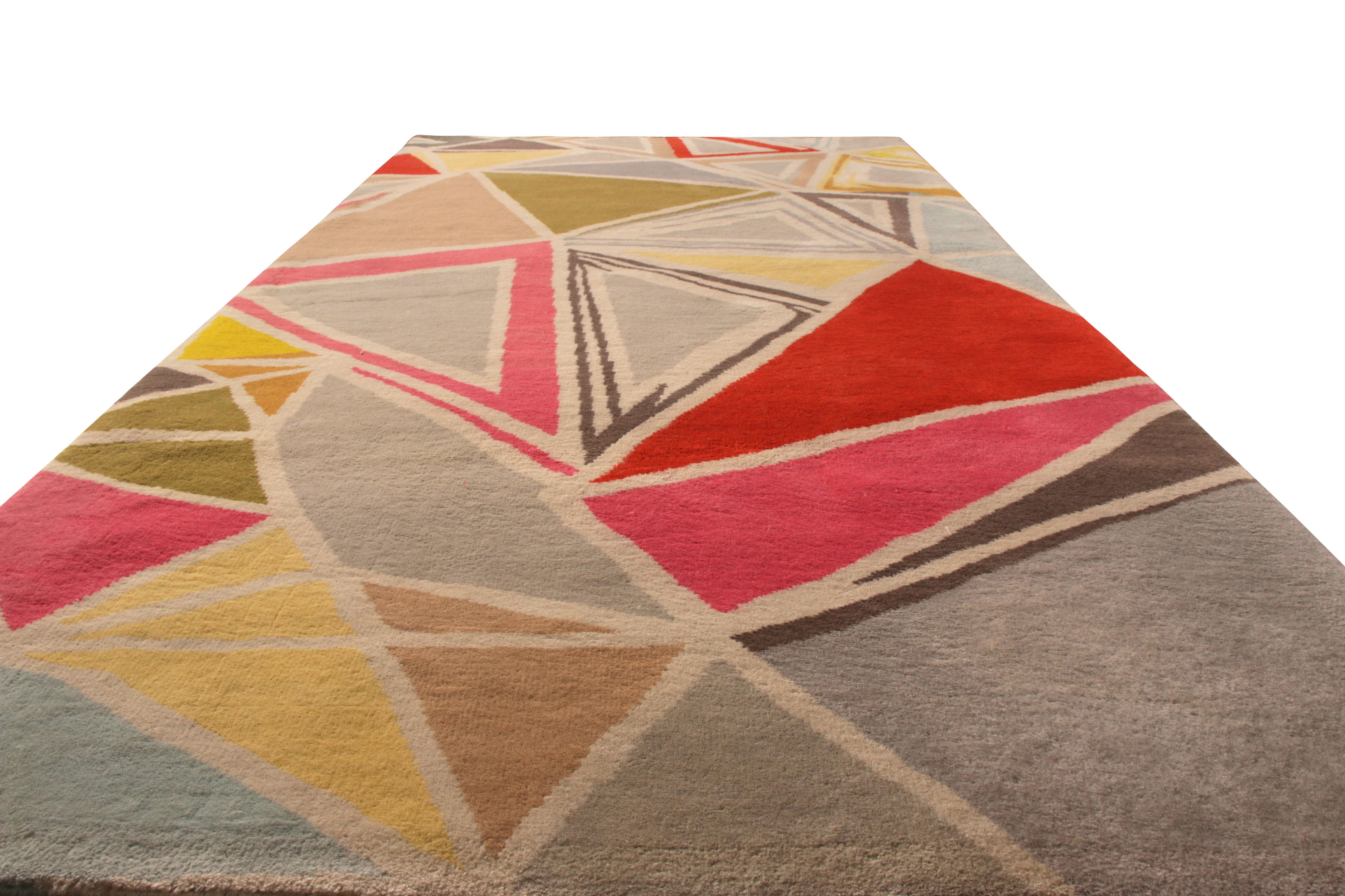 Hand-Knotted Rug & Kilim’s Mid-Century Modern Rug Geometric Gray Red Wool Custom Runner For Sale