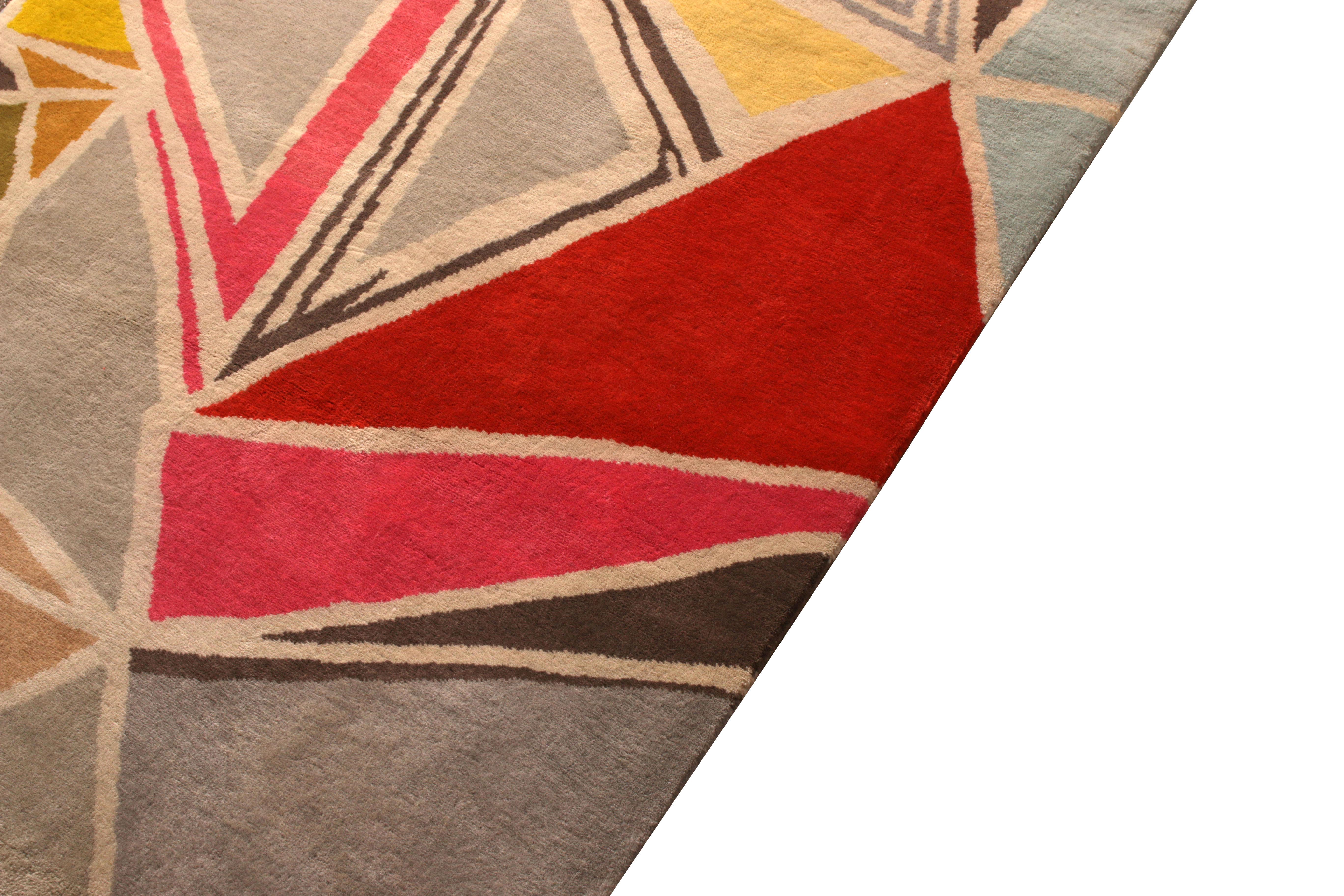 Indian Rug & Kilim’s Mid-Century Modern Rug Geometric Gray Red Wool Custom Runner