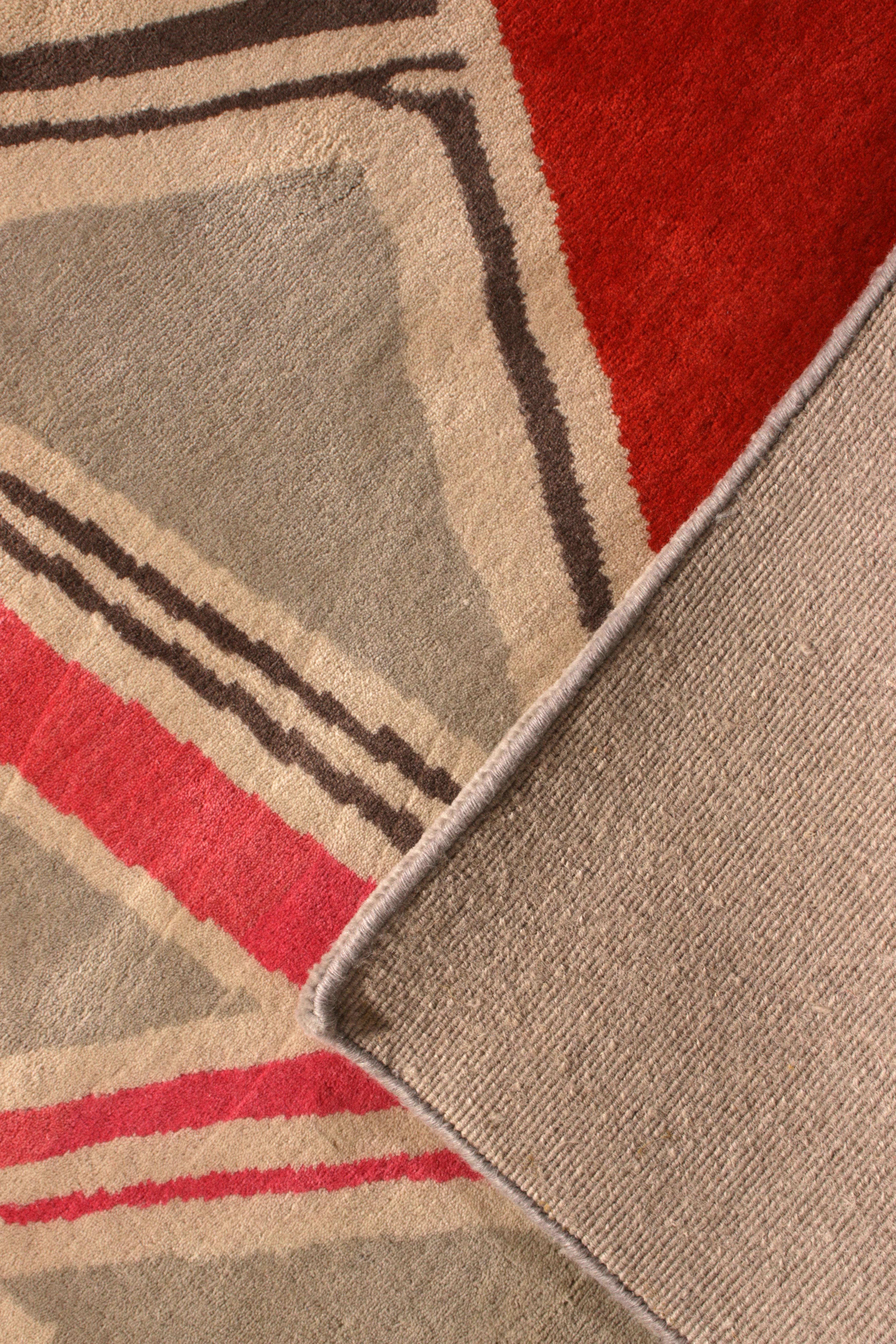 Hand-Knotted Rug & Kilim’s Mid-Century Modern Rug Geometric Gray Red Wool Custom Runner