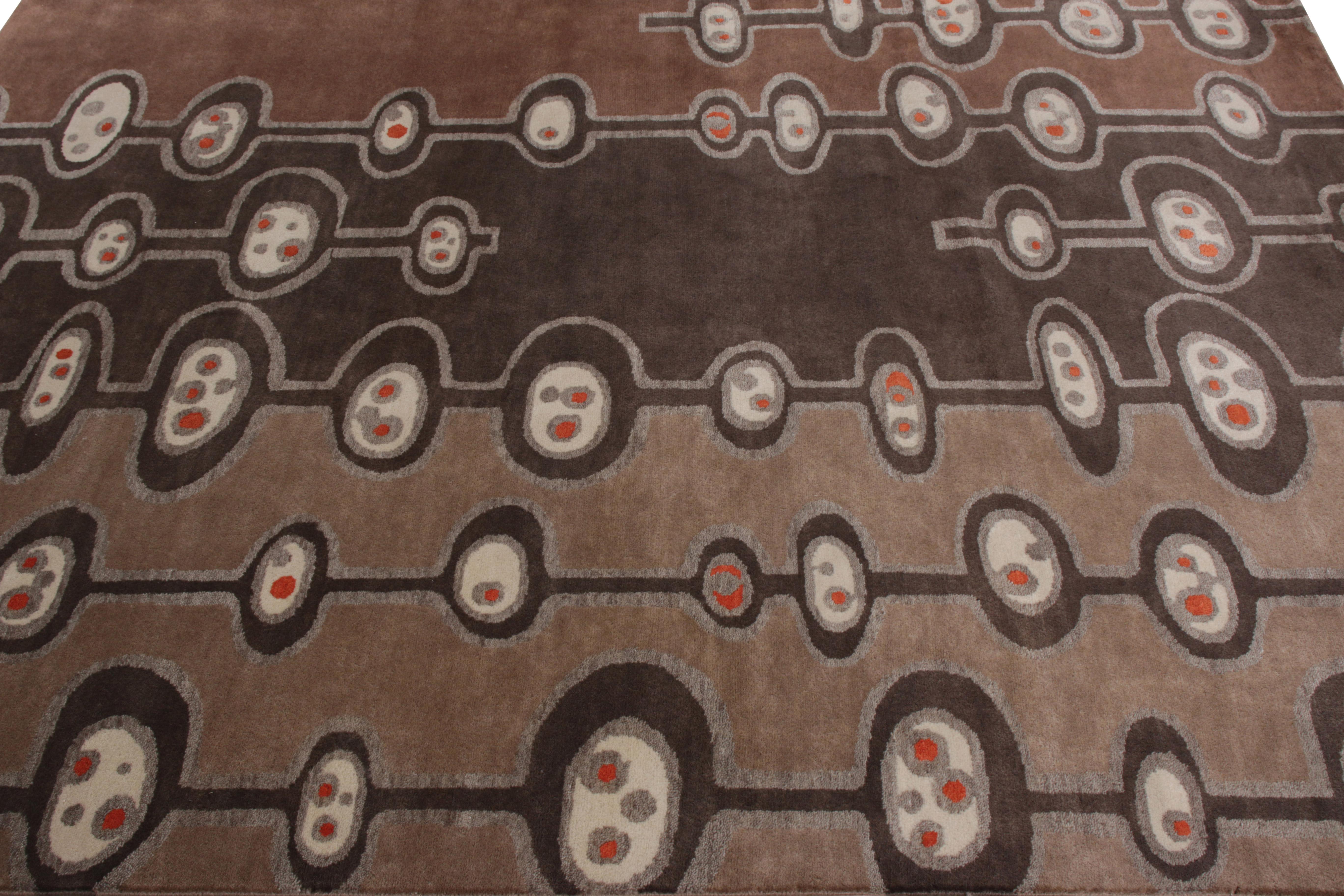 Indian Rug & Kilim’s Mid-Century Modern Rug in Beige Brown Atomic Age Pattern For Sale