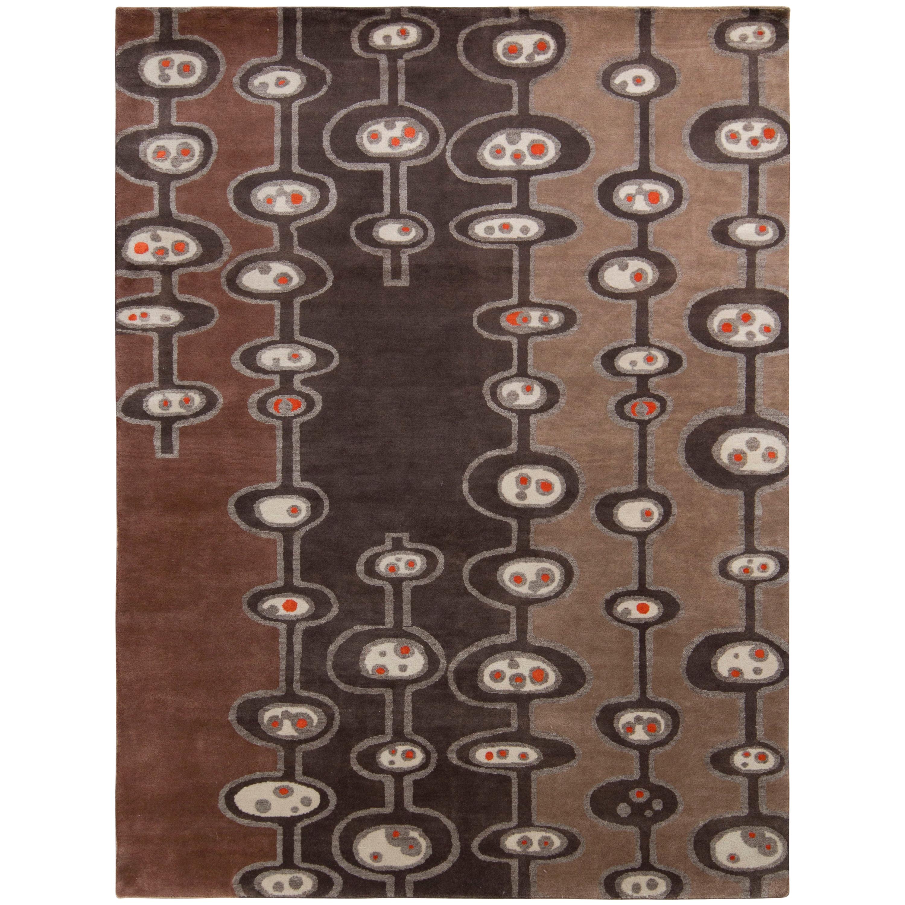 Rug & Kilim’s Mid-Century Modern Rug in Beige Brown Atomic Age Pattern For Sale