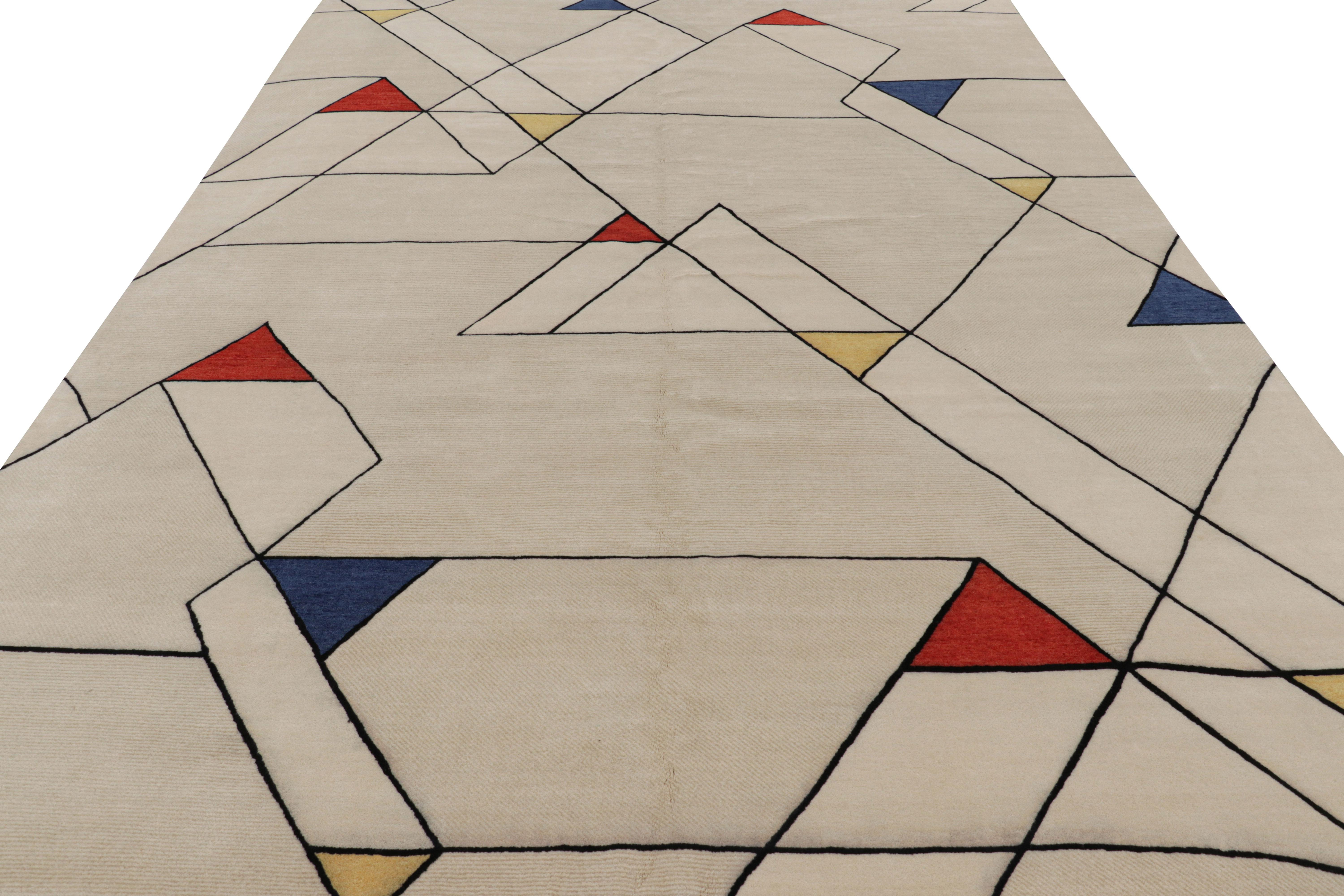 Hand-Knotted Rug & Kilim’s Mid-Century Modern Rug in Cream with Geometric Patterns For Sale