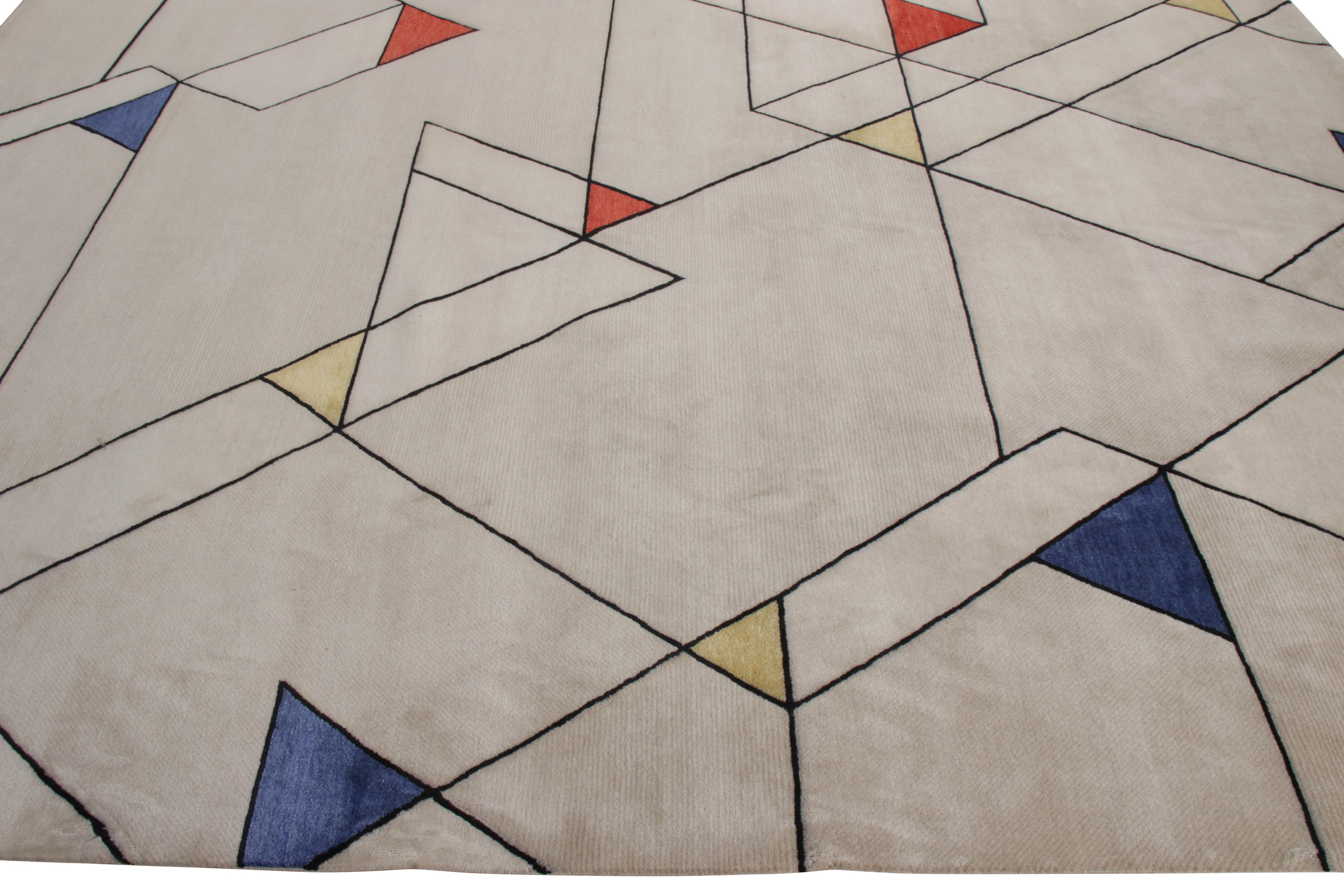 Hand-Knotted Rug & Kilim’s Mid-Century Modern Rug In Gray With Geometric Pattern For Sale