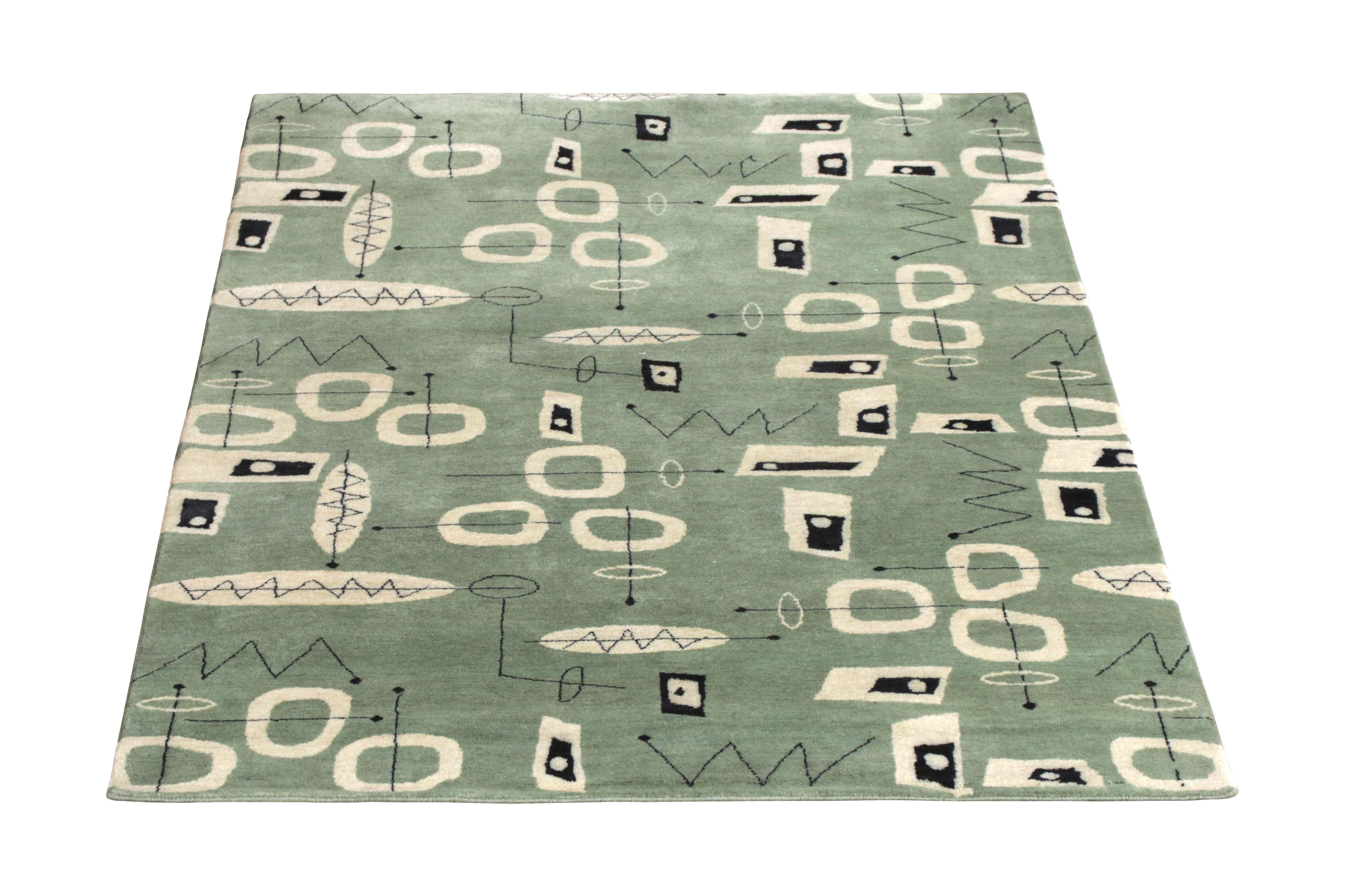 Indian Rug & Kilim’s Mid-Century Modern Rug In Green And White Geometric Patterns For Sale