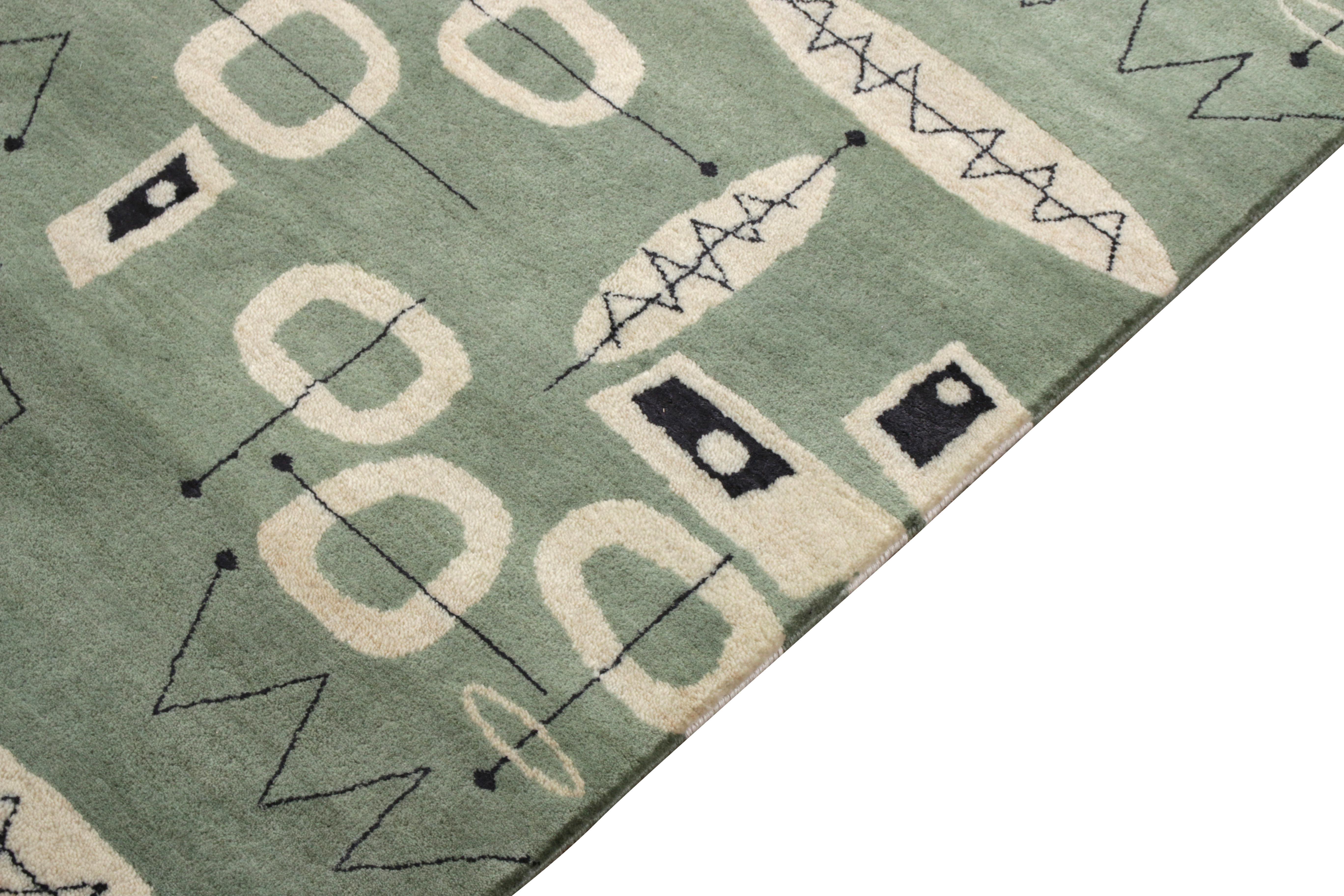 Hand-Knotted Rug & Kilim’s Mid-Century Modern Rug In Green And White Geometric Patterns For Sale