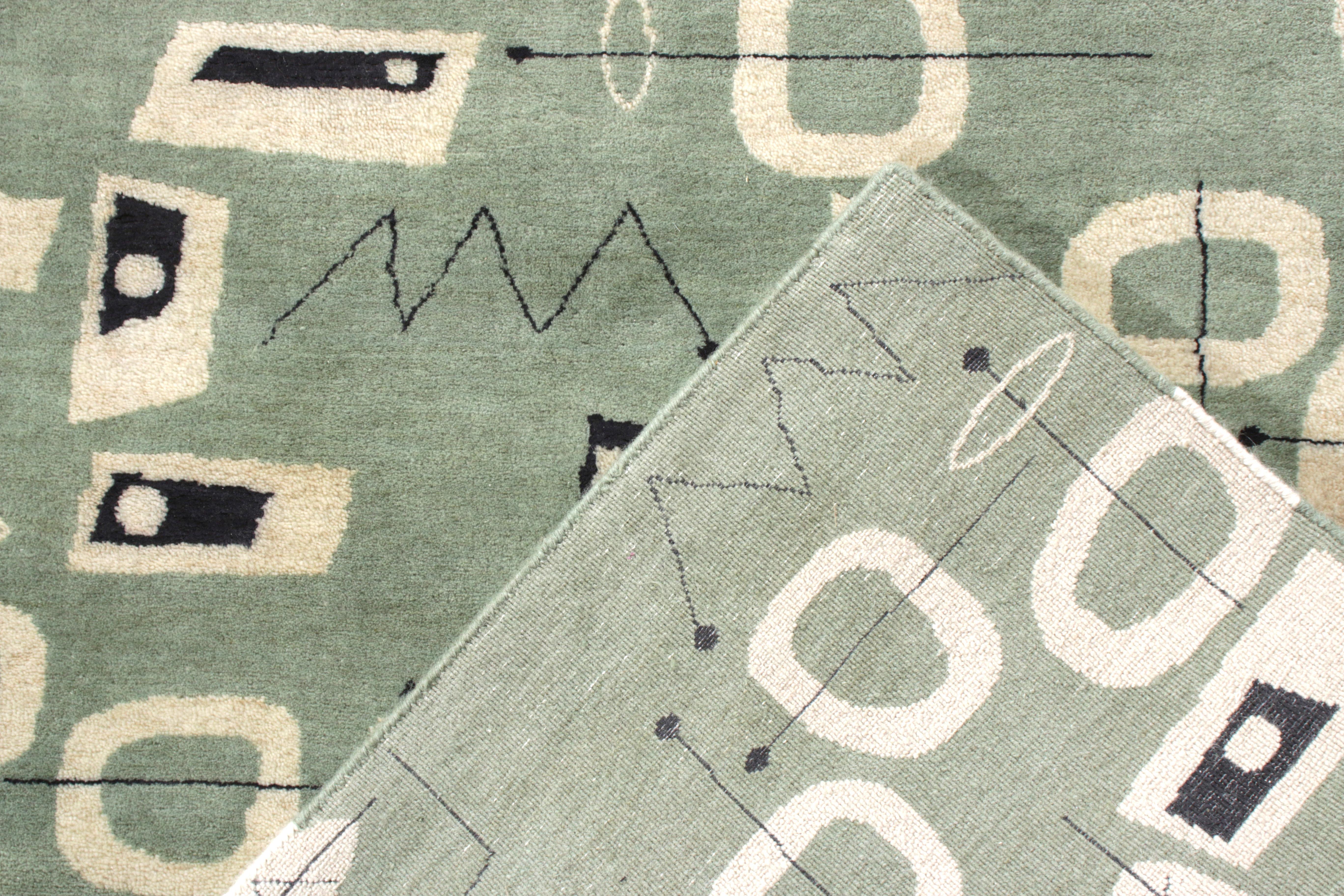 Contemporary Rug & Kilim’s Mid-Century Modern Rug In Green And White Geometric Patterns For Sale