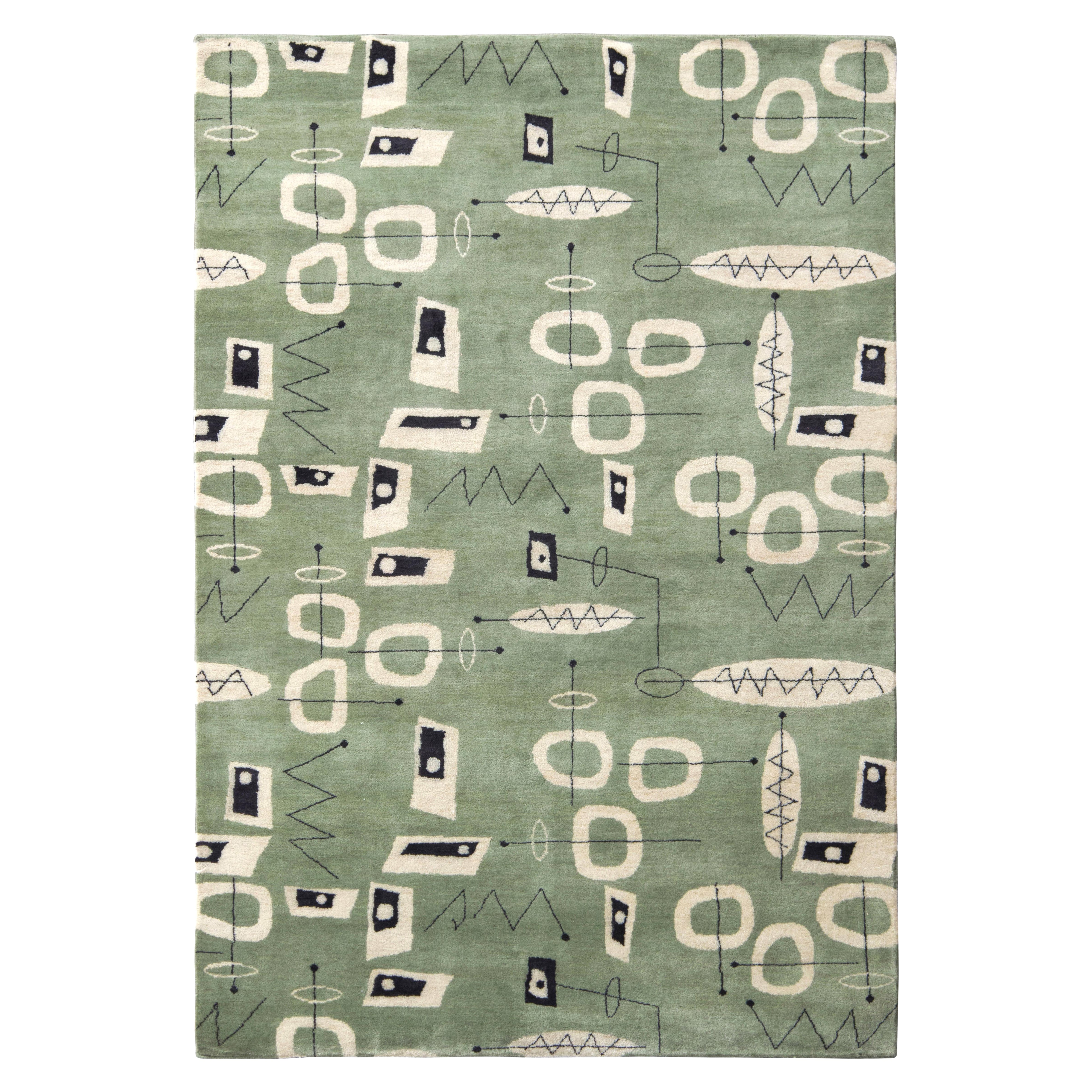 Rug & Kilim’s Mid-Century Modern Rug In Green And White Geometric Patterns For Sale