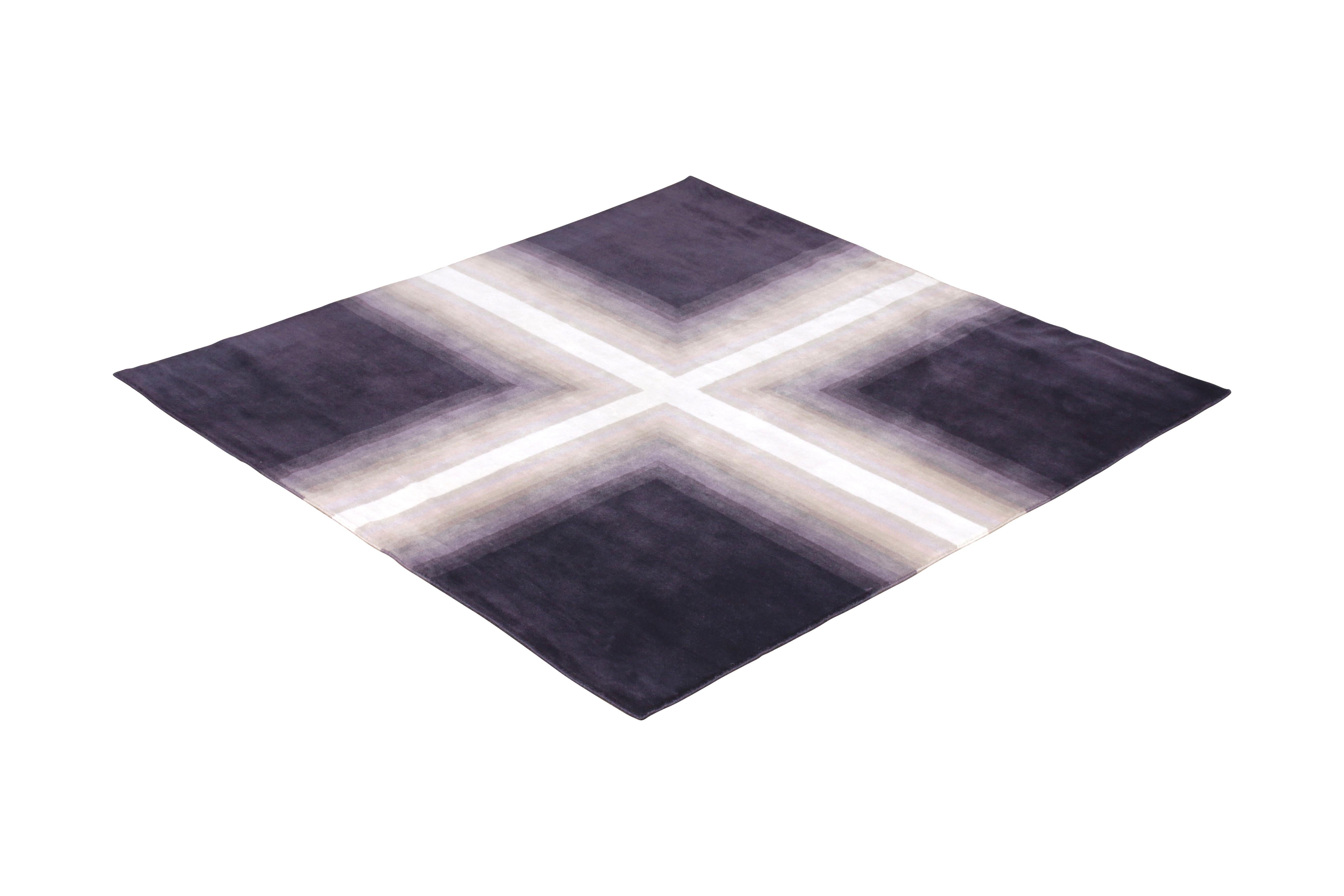 Hand-knotted in wool and all natural silk, this 6×6 square rug is a new addition to the Mid-Century Modern rug collection by Rug & Kilim.

Further on the Design: 

This collection is the first major representation of varied 1950s post-modern styles
