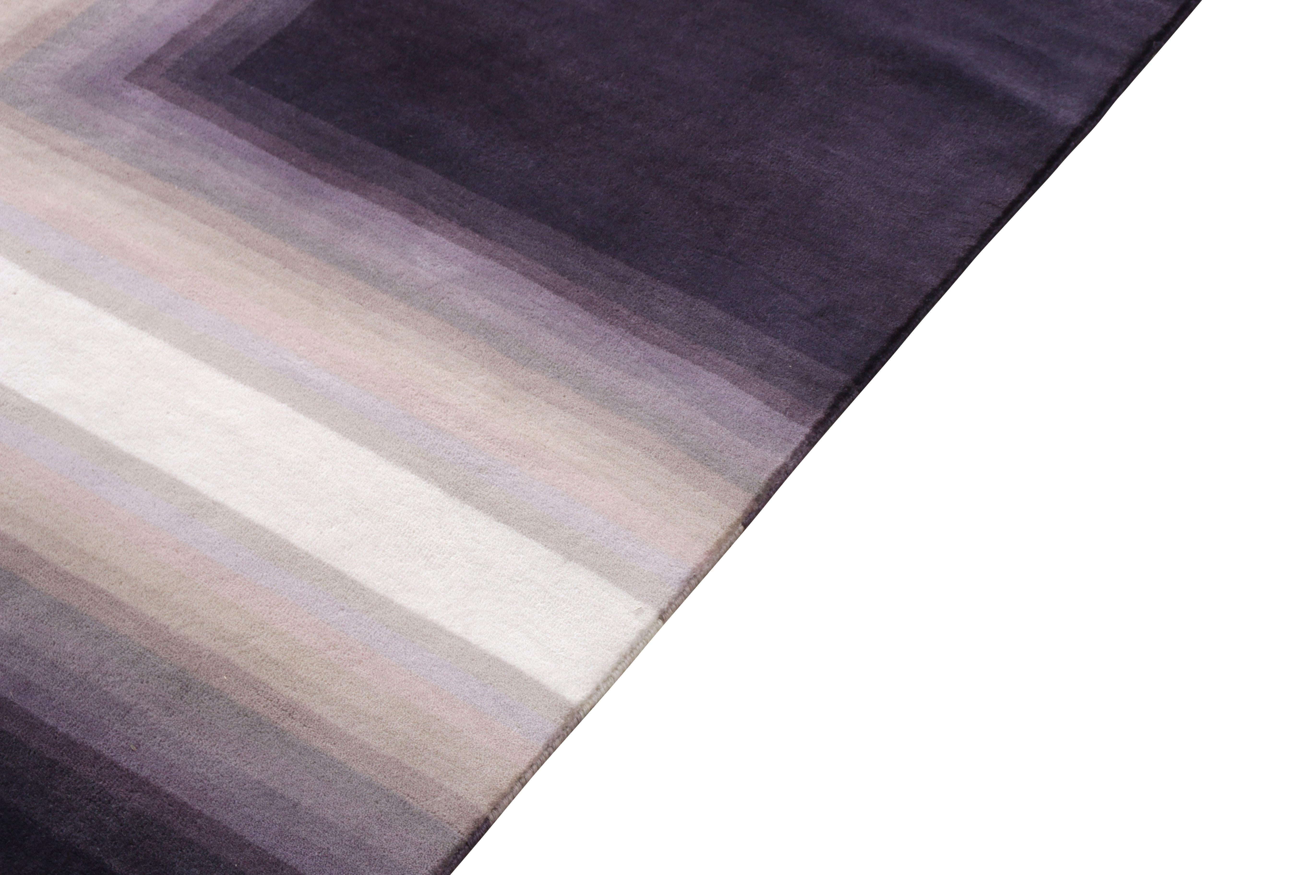 Indian Rug & Kilim’s Mid-Century Modern Rug In Purple And White Geometric Pattern For Sale
