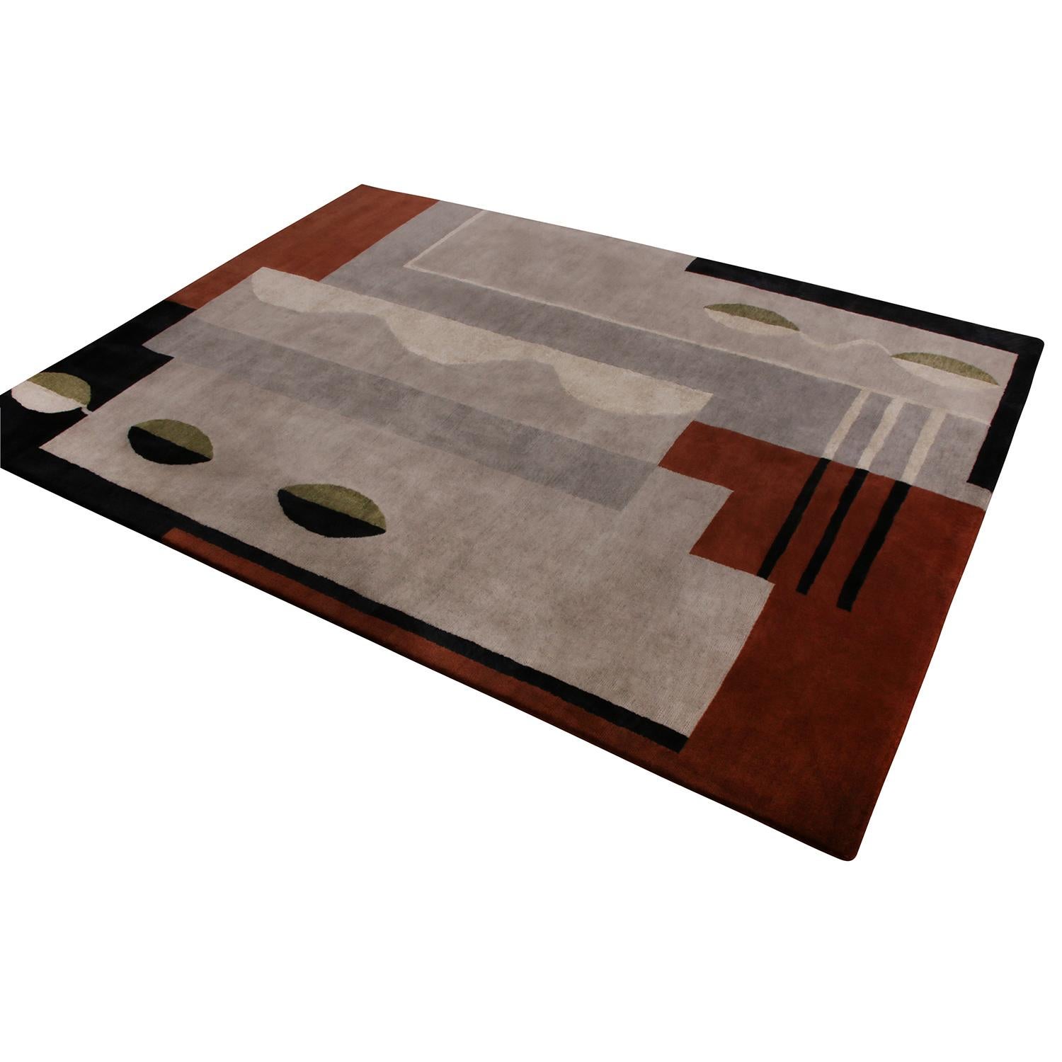 Indian Rug & Kilim’s Mid-Century Modern Silver-Gray and Brown Wool and Silk Custom Rug For Sale