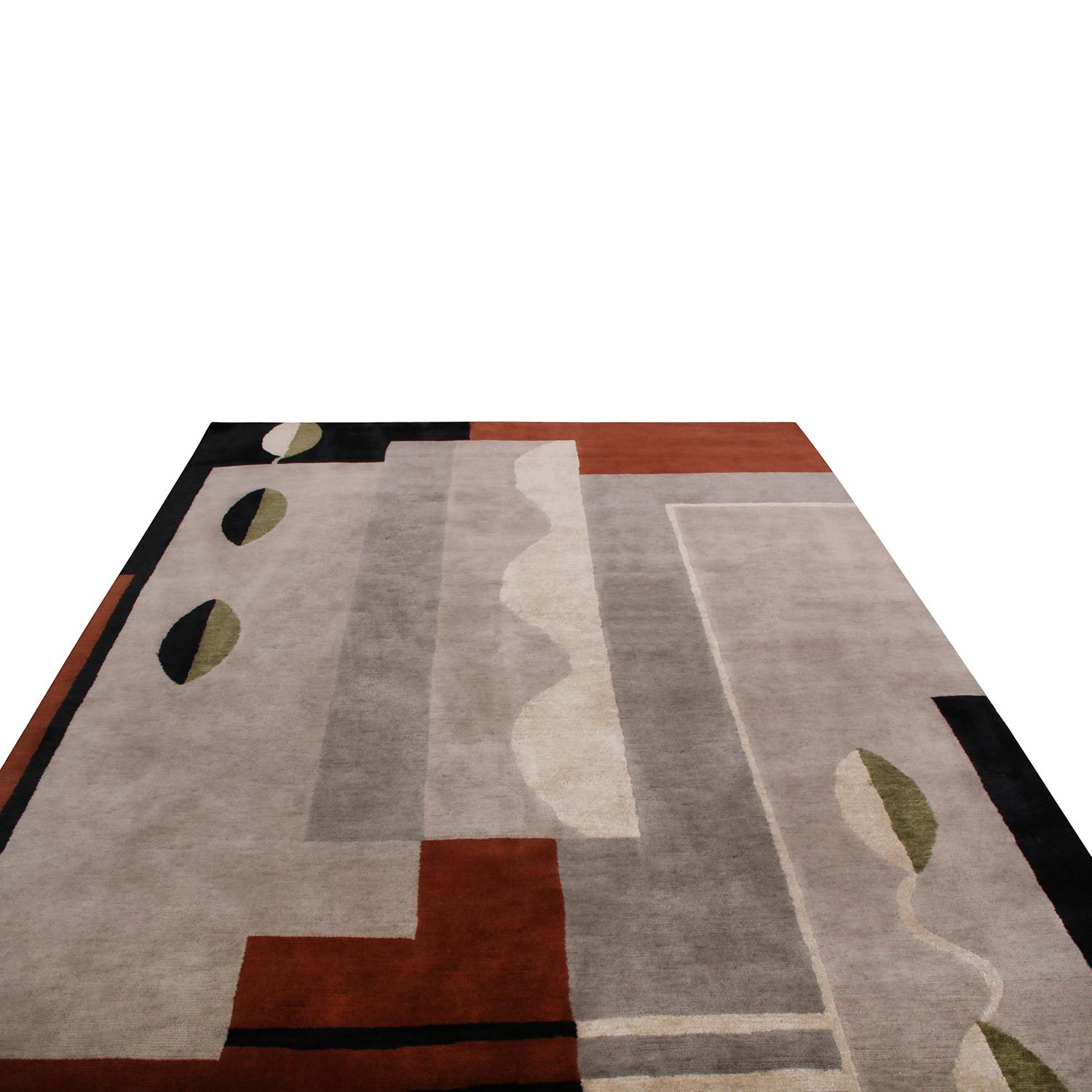 Rug & Kilim's Mid-Century Modern Silver-Gray and Brown Wool and Silk Custom Rug (Indisch) im Angebot