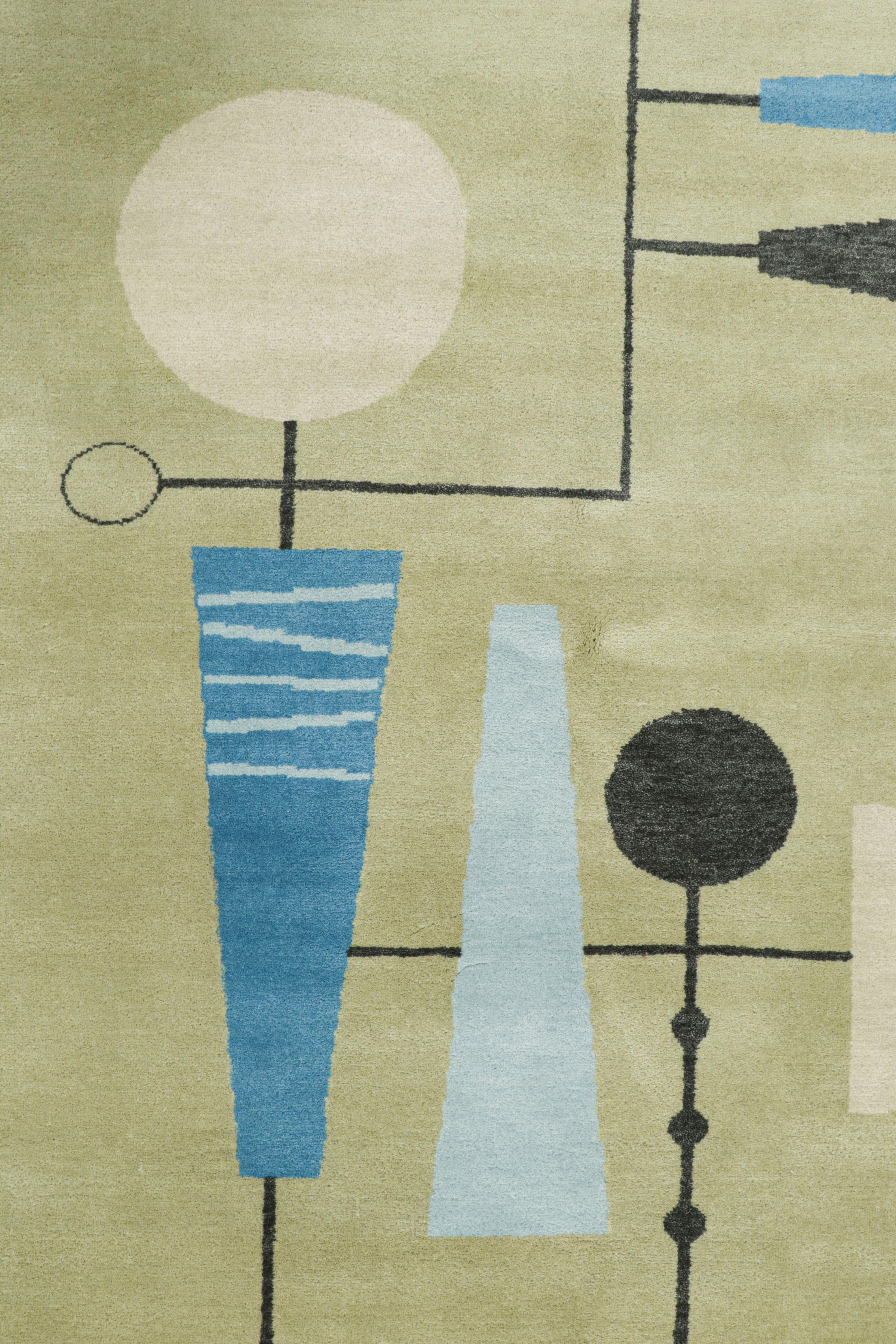 Indian Rug & Kilim’s Mid-Century Modern Style Art Rug, Green, Blue Atomic Age Pattern For Sale