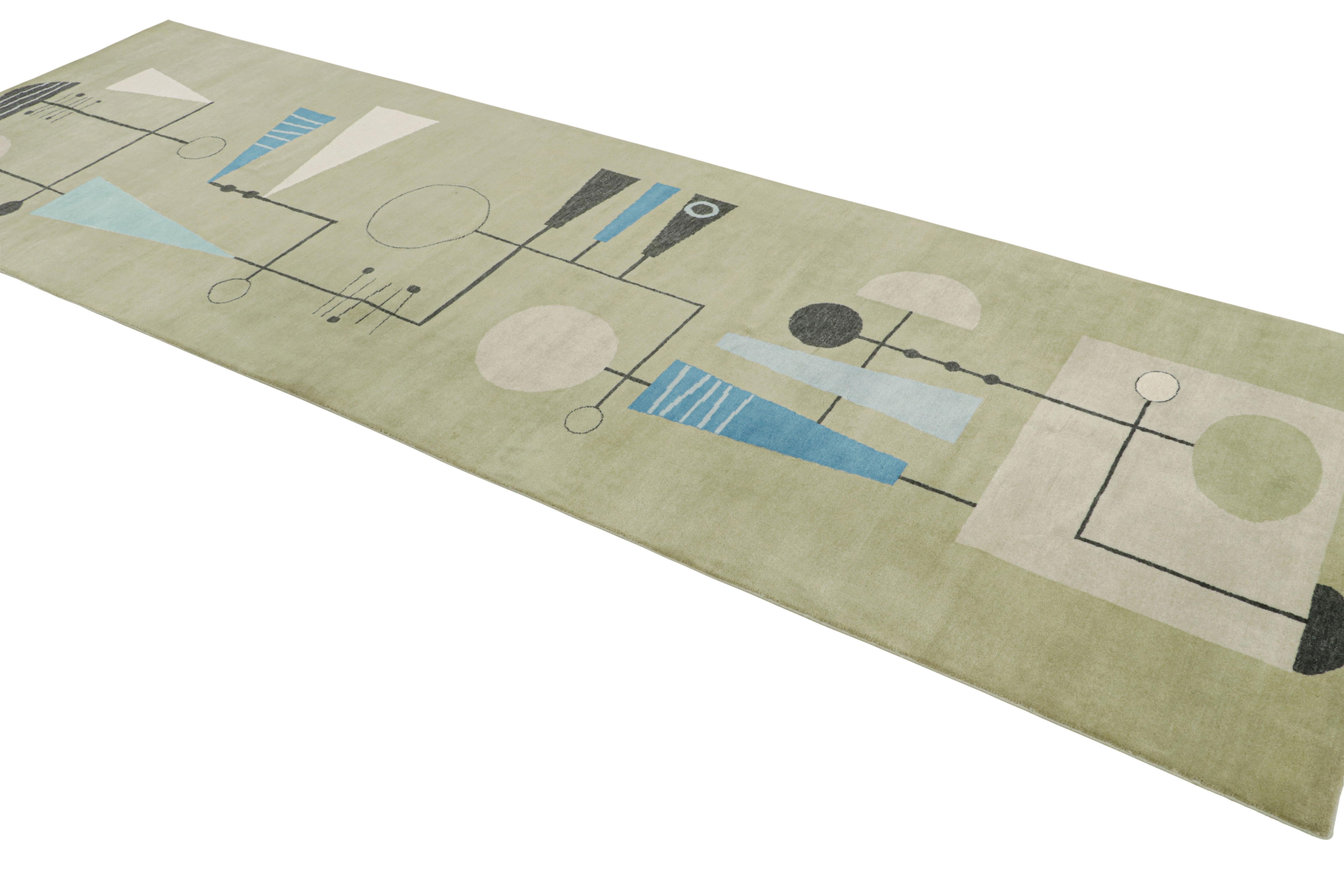 Hand-Knotted Rug & Kilim’s Mid-Century Modern Style Art Rug, Green, Blue Atomic Age Pattern For Sale