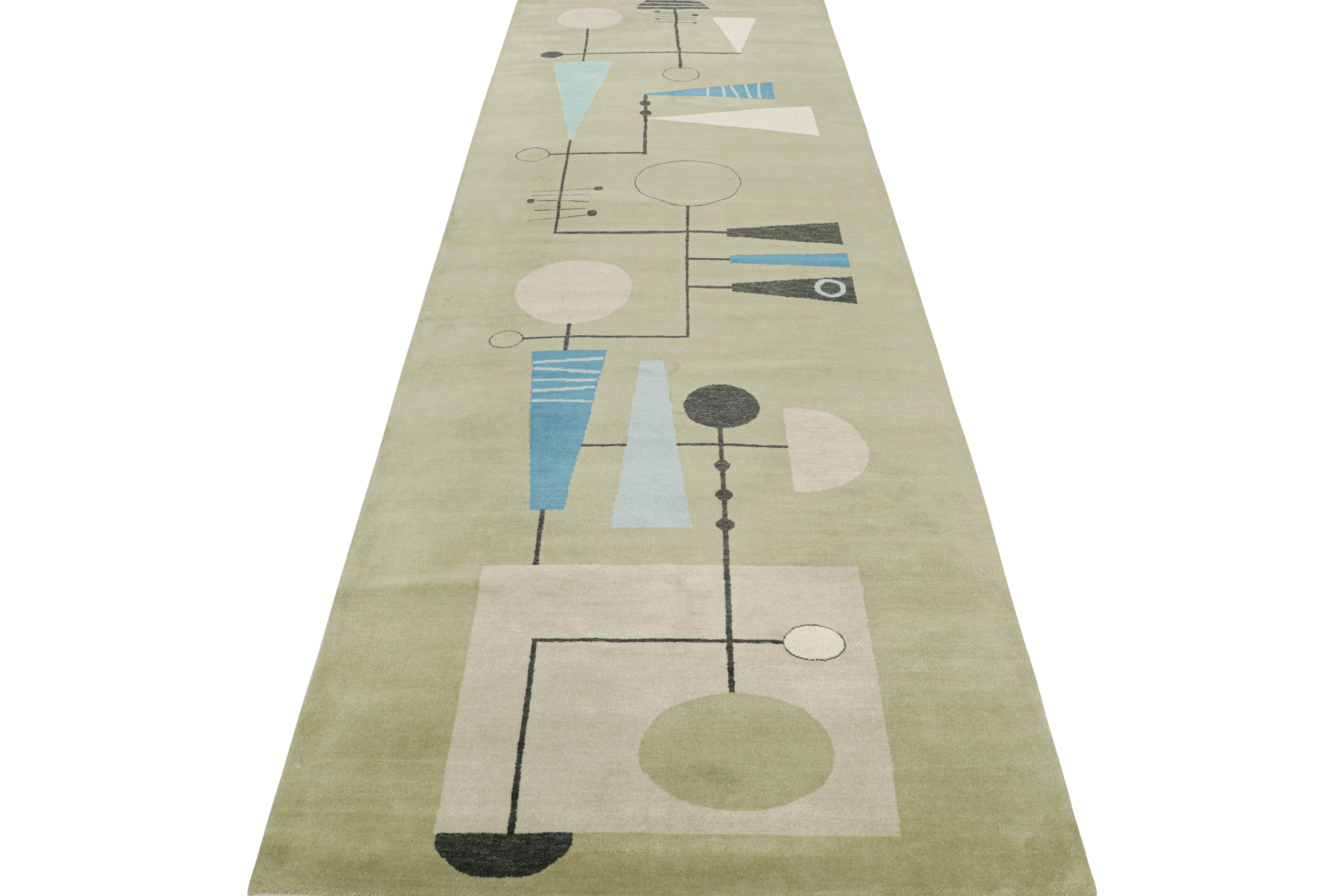 Hand-Knotted Rug & Kilim’s Mid-Century Modern Style Art Rug, Green, Blue Atomic Age Pattern For Sale