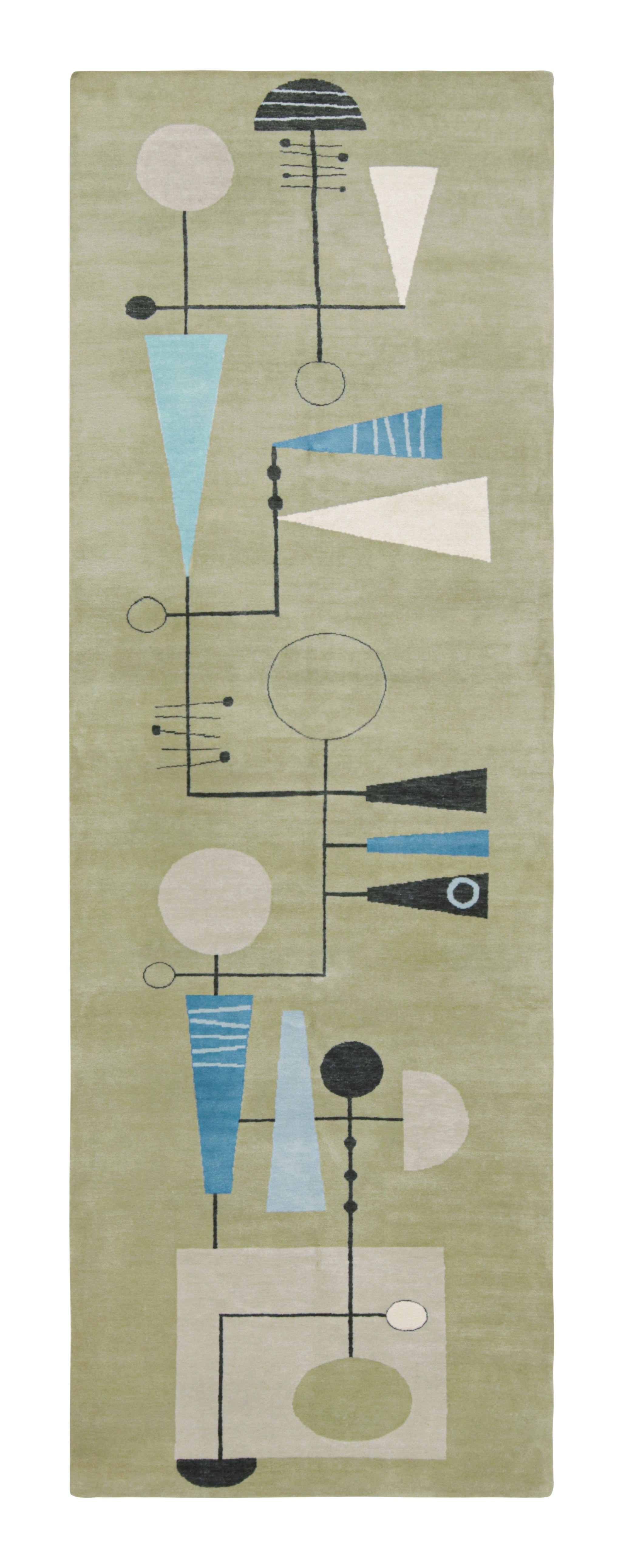 Rug & Kilim’s Mid-Century Modern Style Art Rug, Green, Blue Atomic Age Pattern For Sale