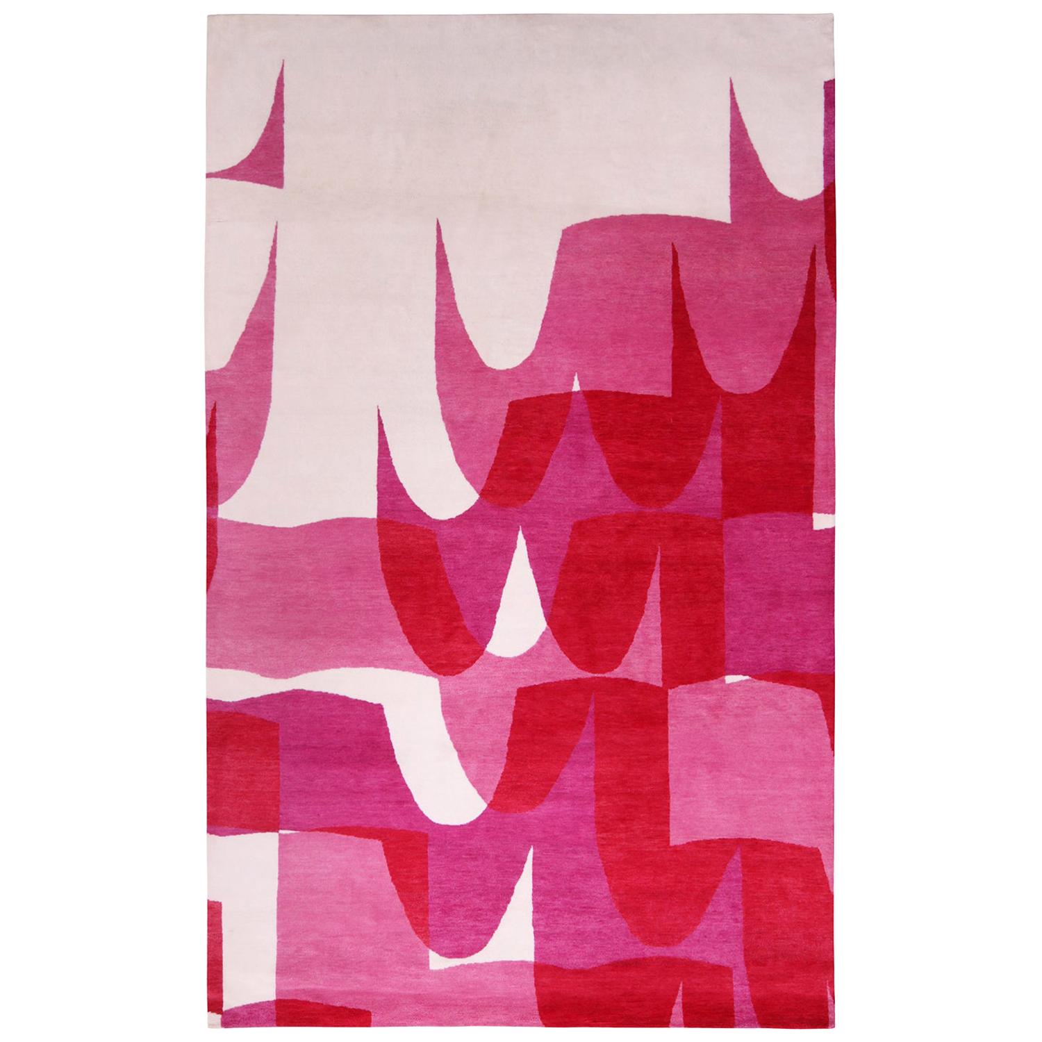 Rug & Kilim’s Mid-Century Modern Style Geometric Cream/Pink Wool and Silk Rug