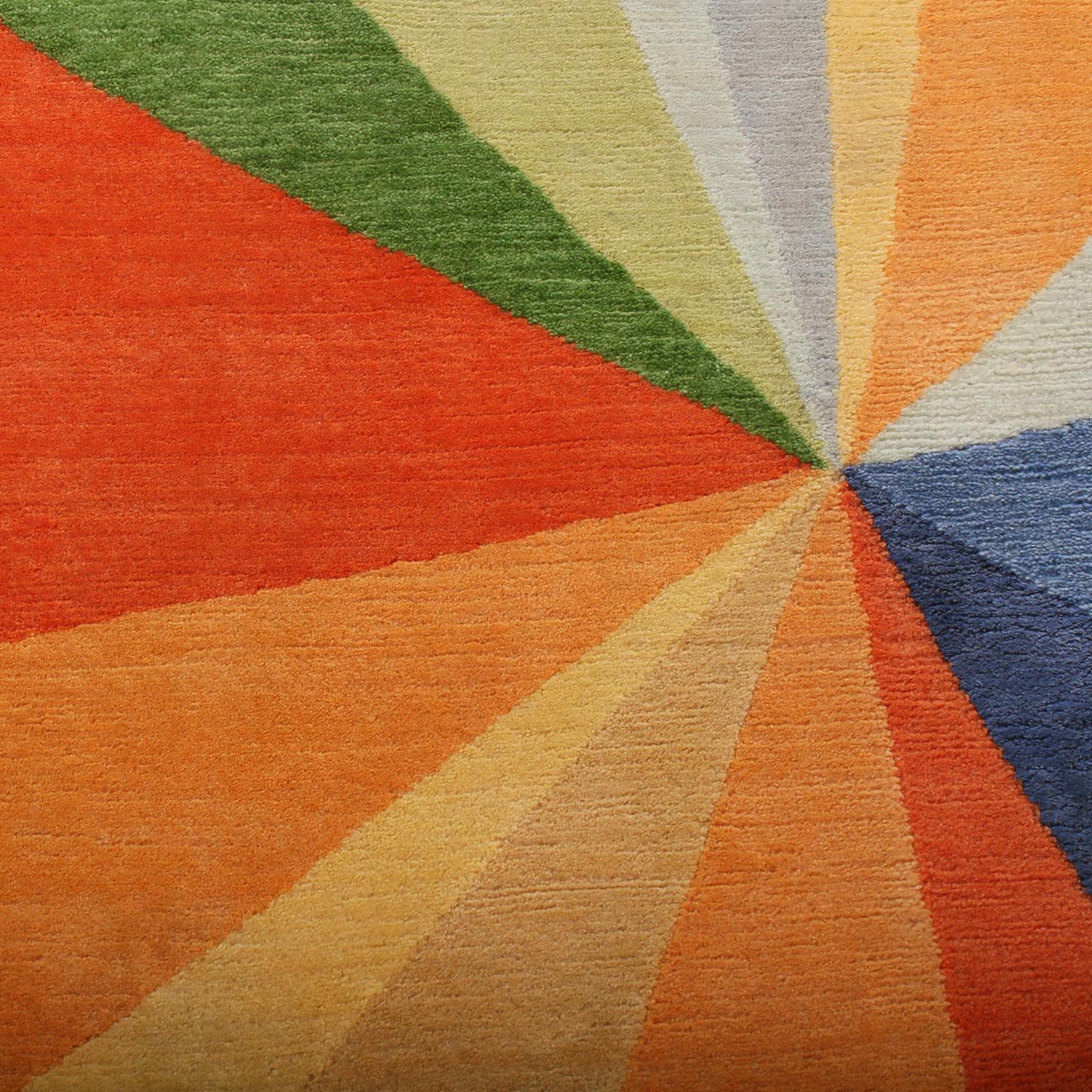Indian Rug & Kilim’s Mid-Century Modern Style Geometric Multicolor Wool and Silk Custom