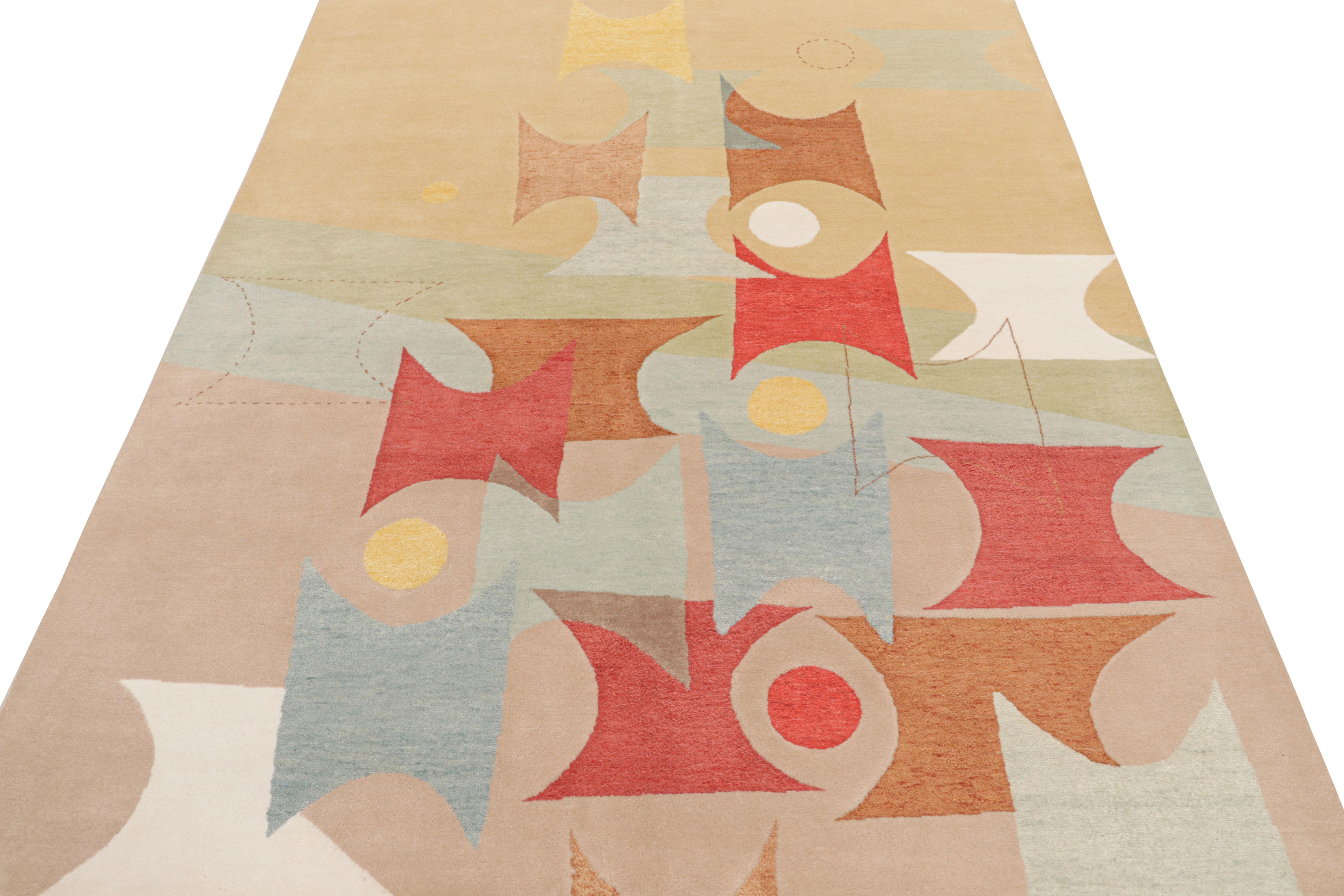Indian Rug & Kilim’s Mid-Century Modern Style Rug in Beige-Brown Geometric Pattern For Sale