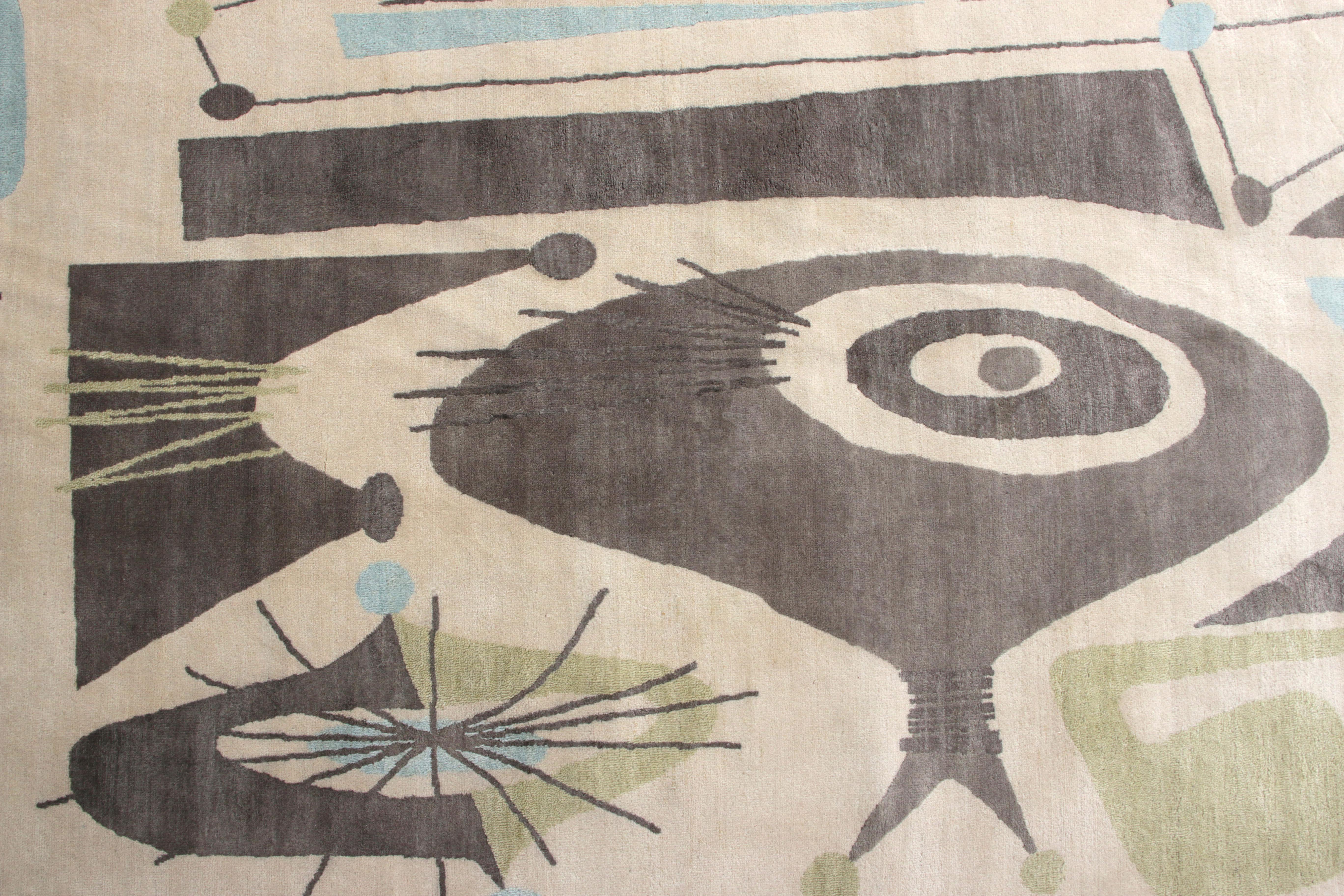 Rug & Kilim's Mid-Century Modern Style Teppich in Beige Grün und Blau (Indisch) im Angebot