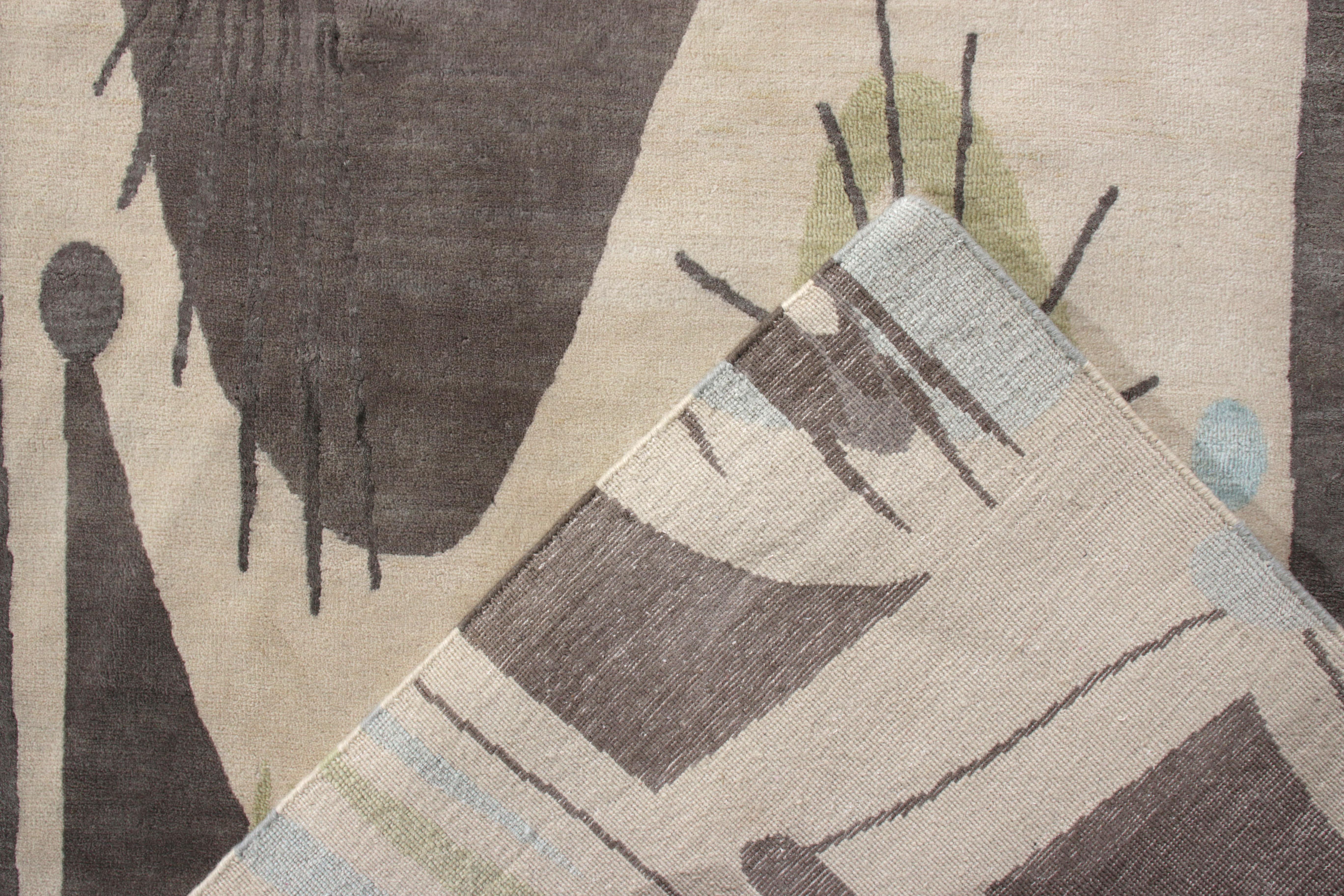 Rug & Kilim's Mid-Century Modern Style Teppich in Beige Grün und Blau (Handgeknüpft) im Angebot