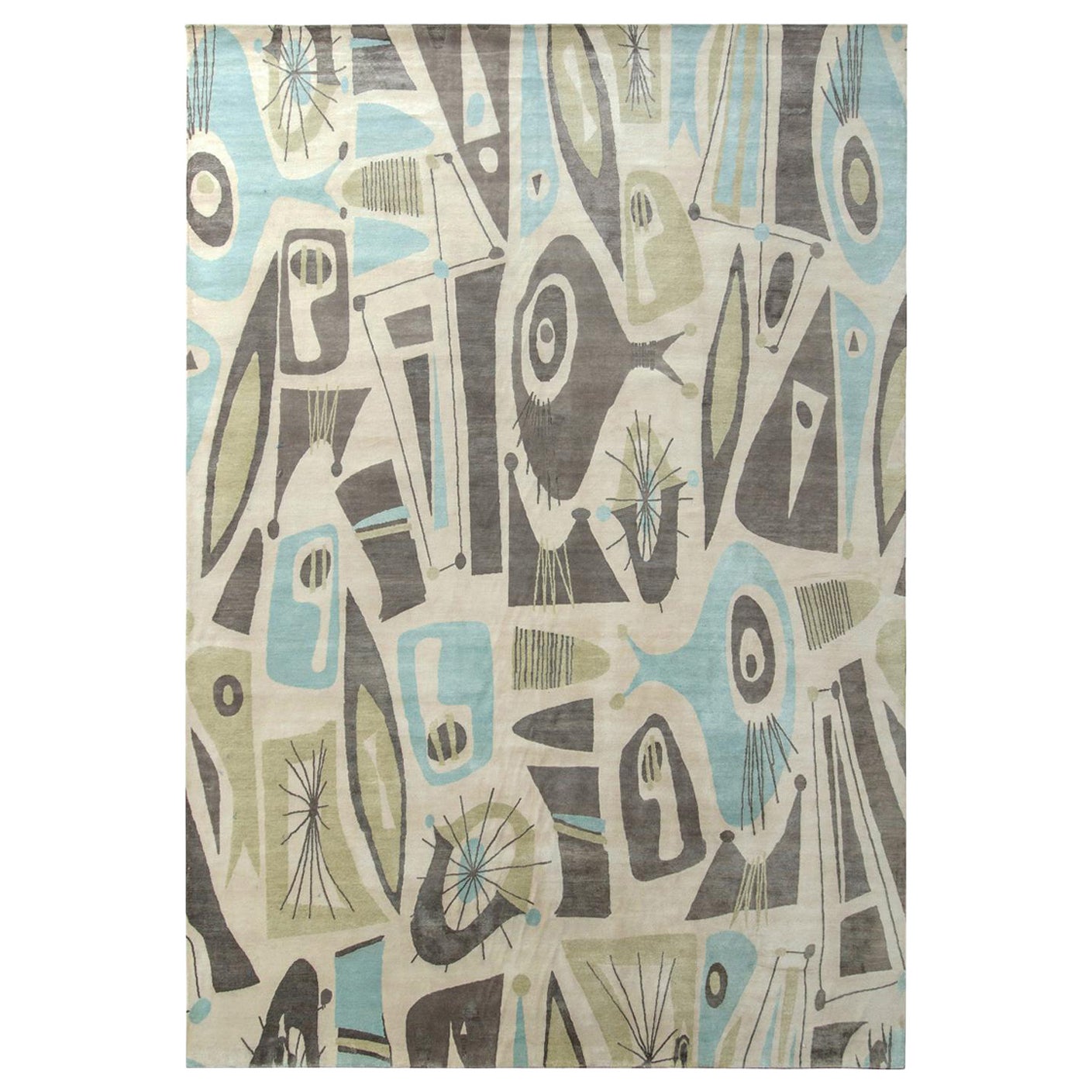 Rug & Kilim's Mid-Century Modern Style Rug in Beige Green and Blue For Sale
