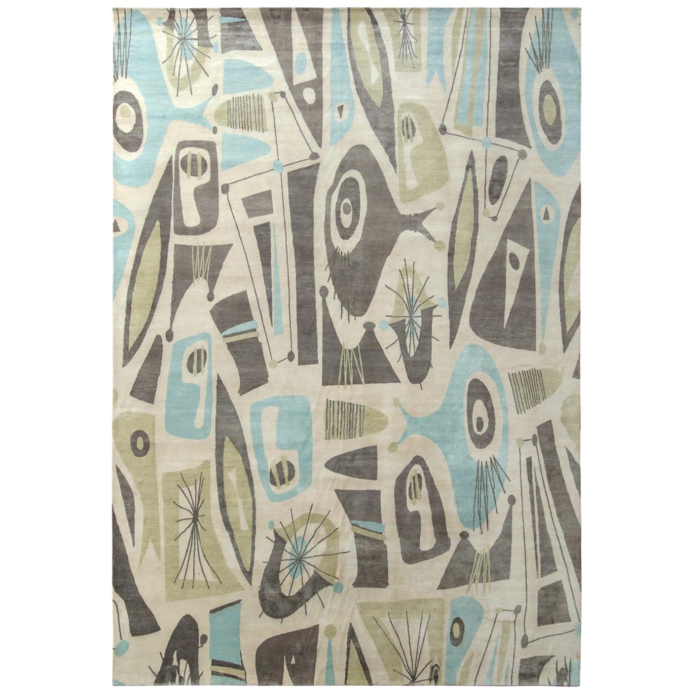 Rug & Kilim's Mid-Century Modern Style Rug in Beige Green and Blue