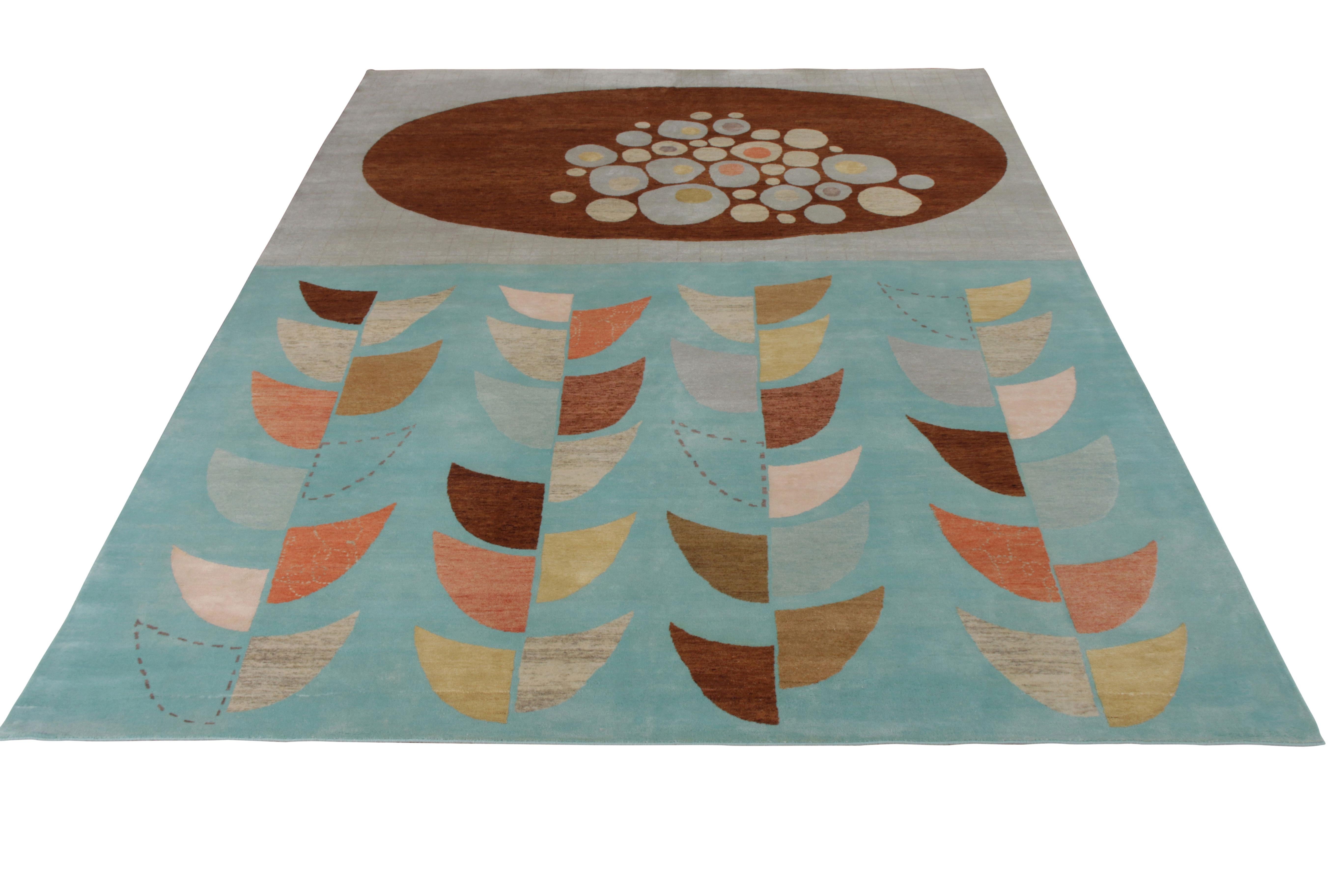 A 9x12 rug from the Mid-Century Modern Collection by Rug & Kilim, in collaboration with modern artist Jenn Ski. Hand knotted in wool and all-natural silk with prevailing blue and beige-brown colorways.

On the Design: This Mid-Century Modern rug