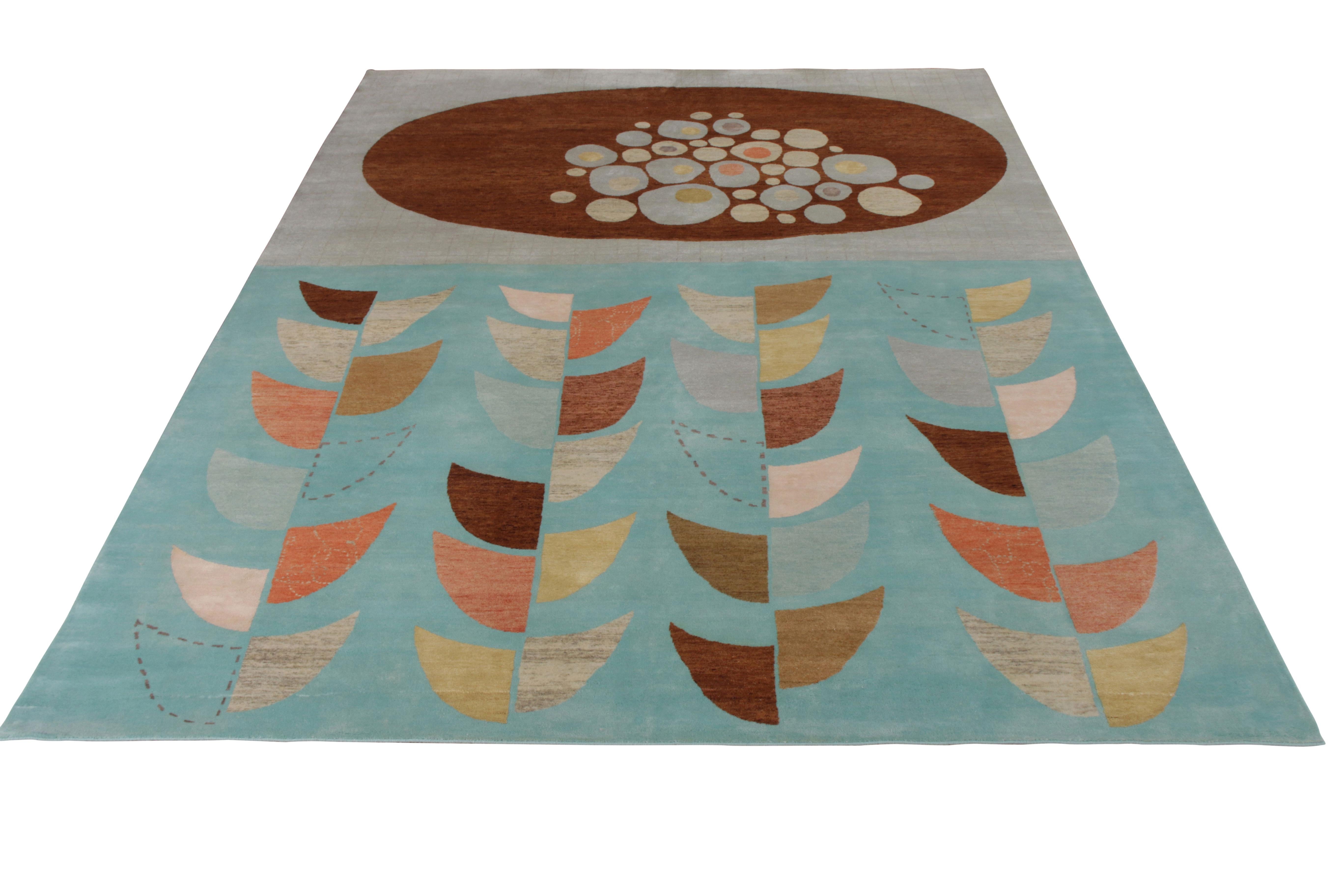 Un tappeto 9x12 della Mid-Century Modern Collectional di Rug & Kilim, in collaborazione con l'artista moderna Jenn Ski. Annodato a mano in lana e seta naturale con colori prevalenti blu e beige-marrone.

Il Design/One: Questo tappeto Mid-Century