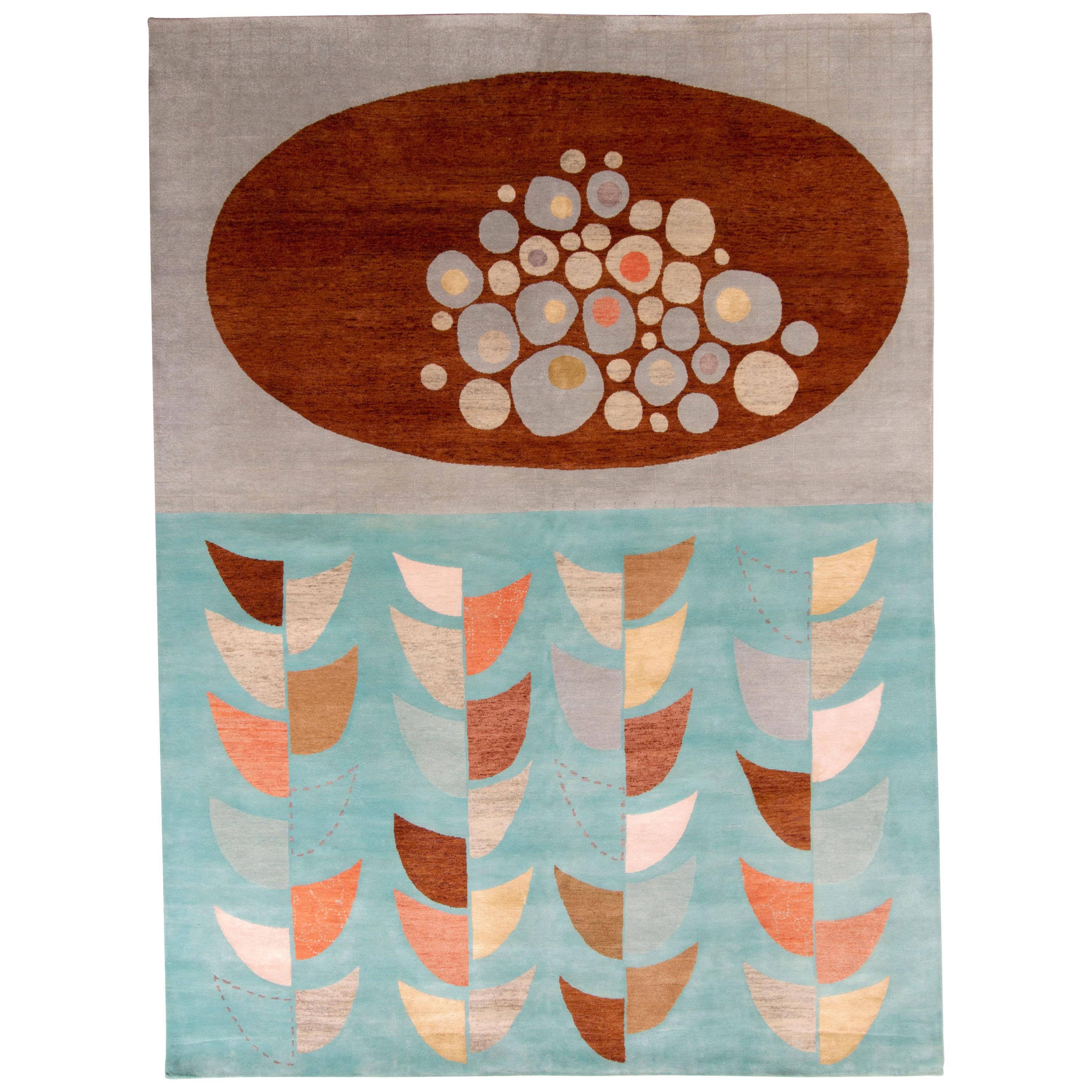 Rug & Kilim's Mid-Century Modern Style Teppich in Blau und Brown Geometrisches Muster