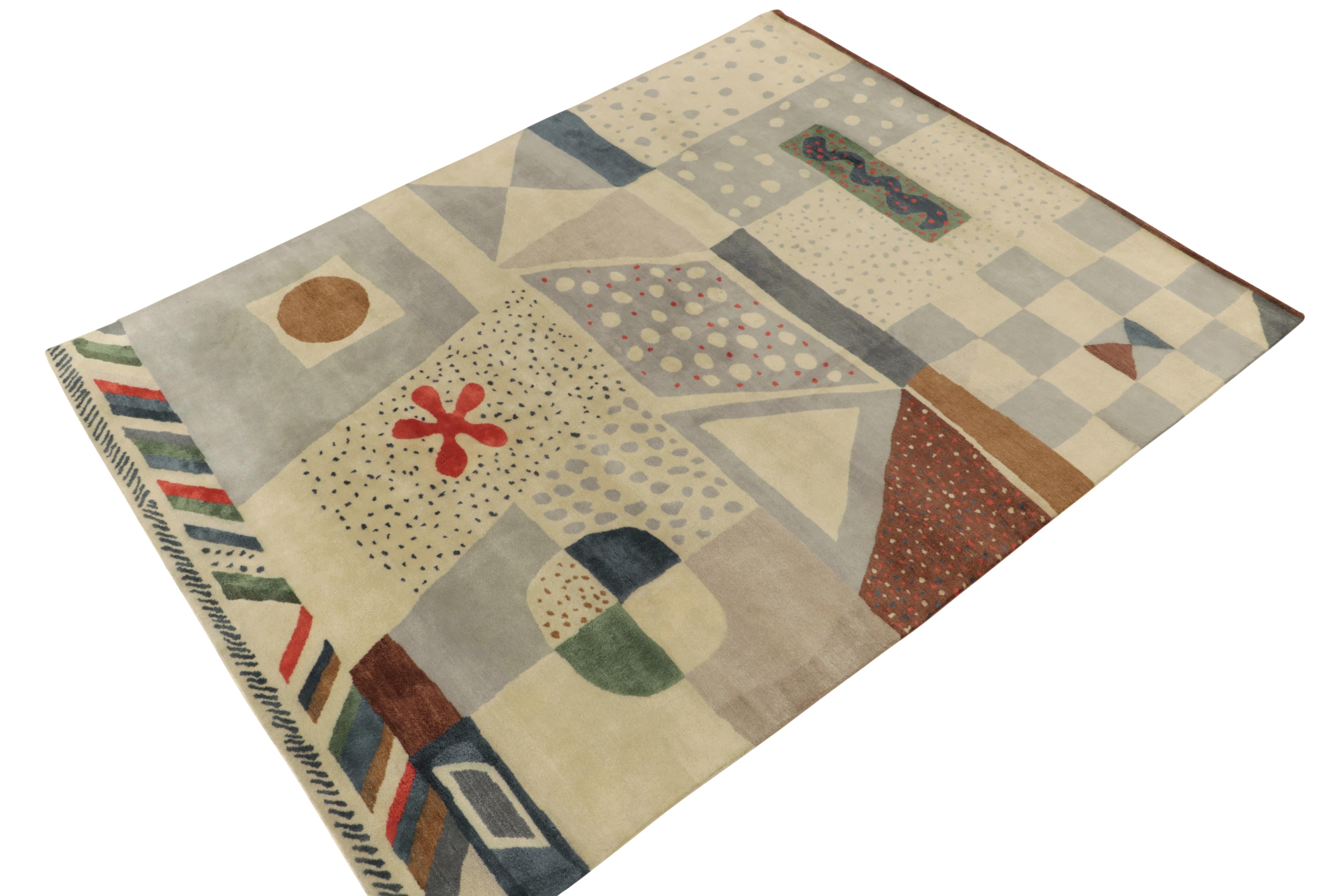 Ein 8x10 großer Teppich aus unserer Scandinavian Collection, der einzigartige abstrakte Interpretationen schwedischer Deko-Teppichstile enthält.

Das handgeknüpfte Wolltuch ist ein einzigartiges Werk, das die ikonischen Pop-Art-Attitüden der 1960er