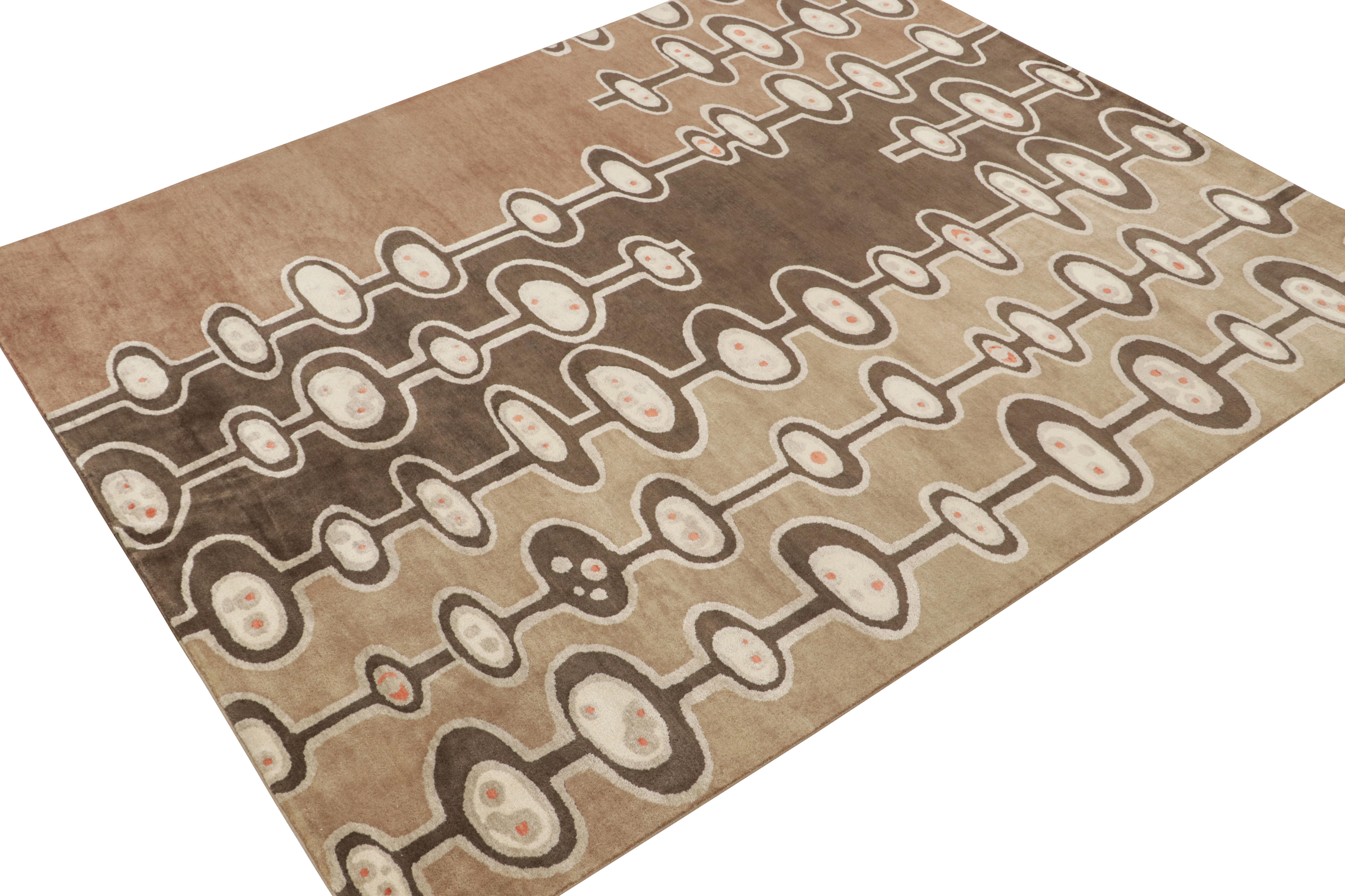 Indian Rug & Kilim’s Mid-Century Modern Style Rug in Brown and Silver Geometric Pattern For Sale