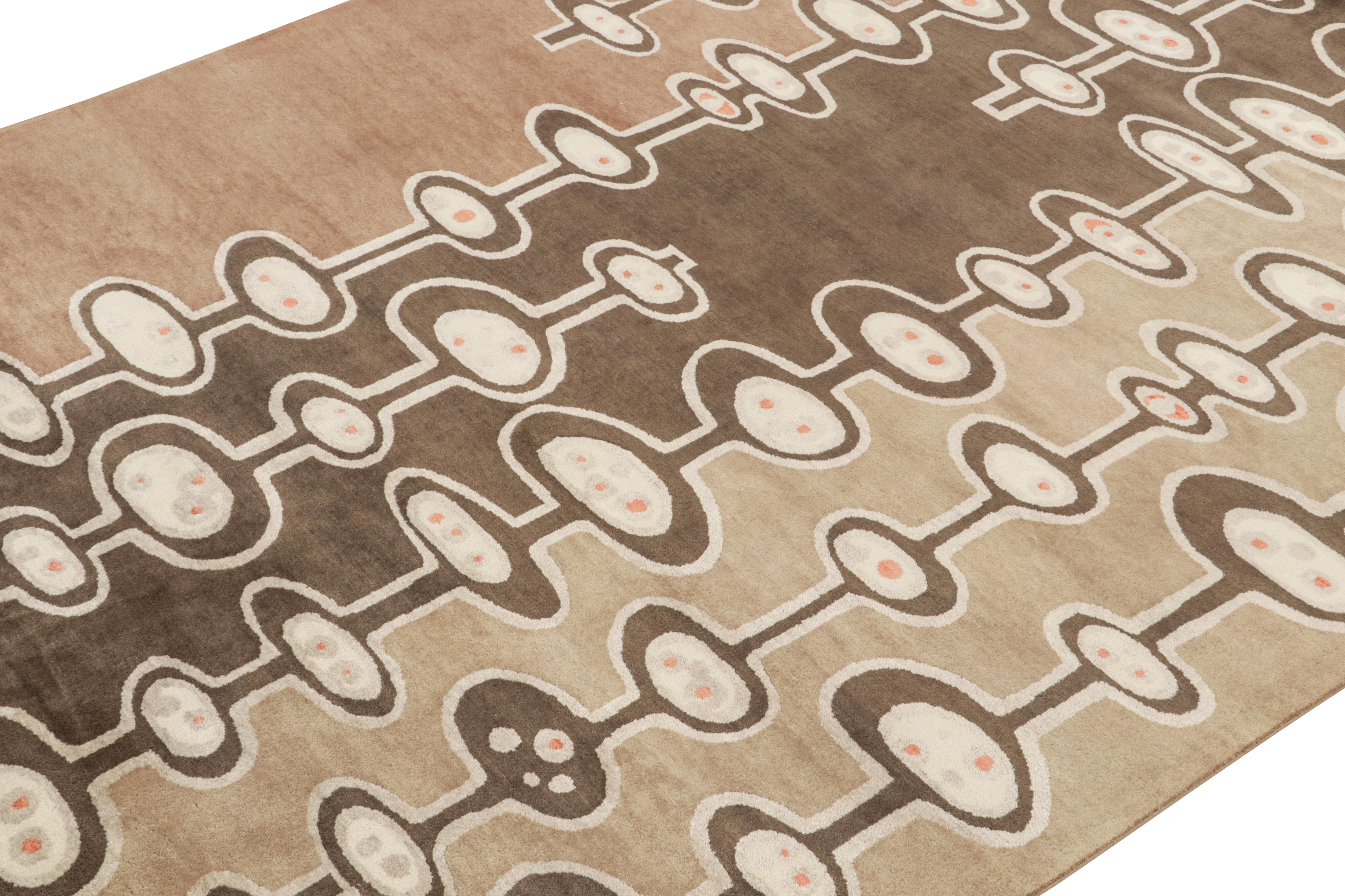 Hand-Knotted Rug & Kilim’s Mid-Century Modern Style Rug in Brown and Silver Geometric Pattern For Sale