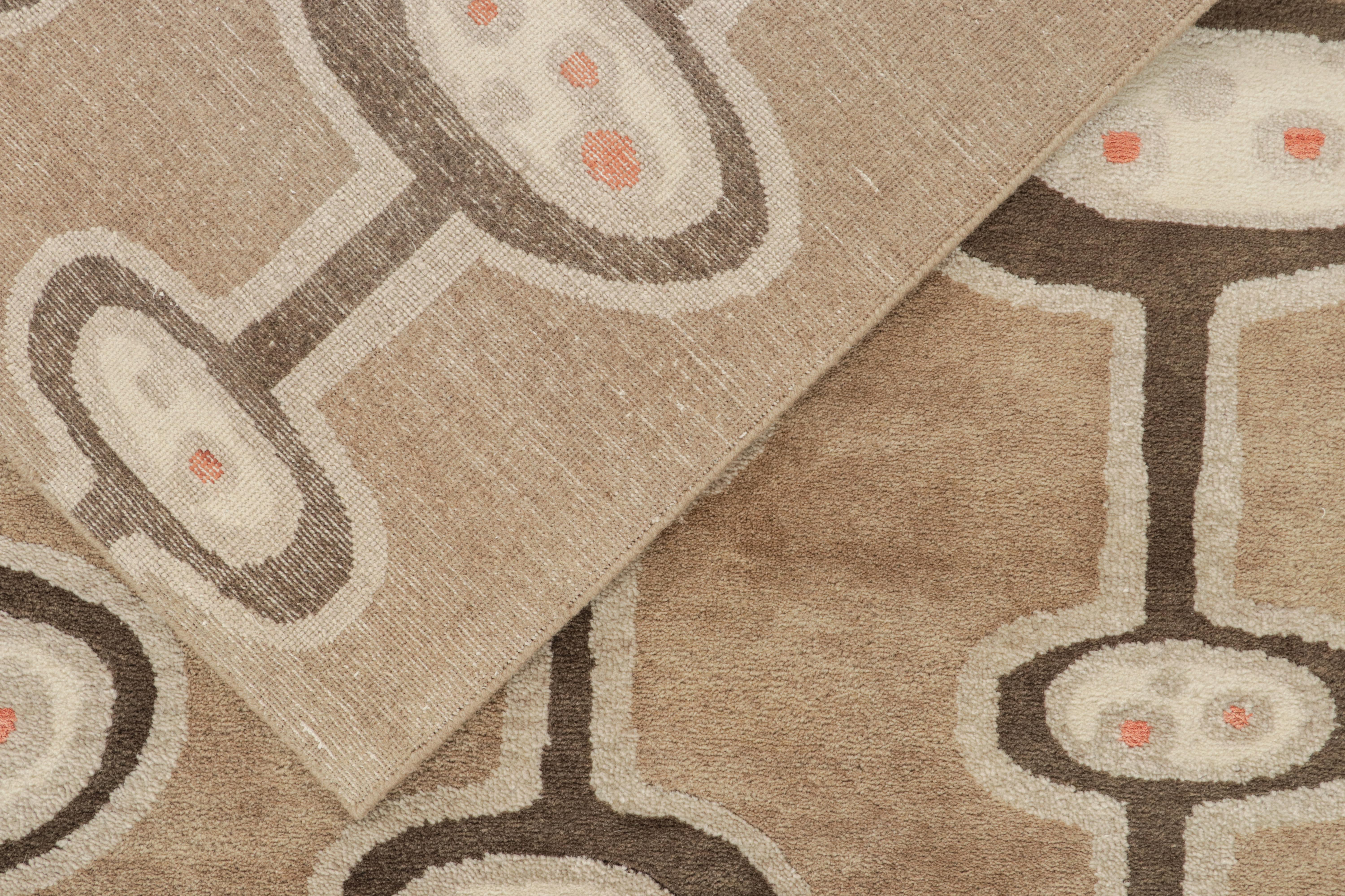 Wool Rug & Kilim’s Mid-Century Modern Style Rug in Brown and Silver Geometric Pattern For Sale