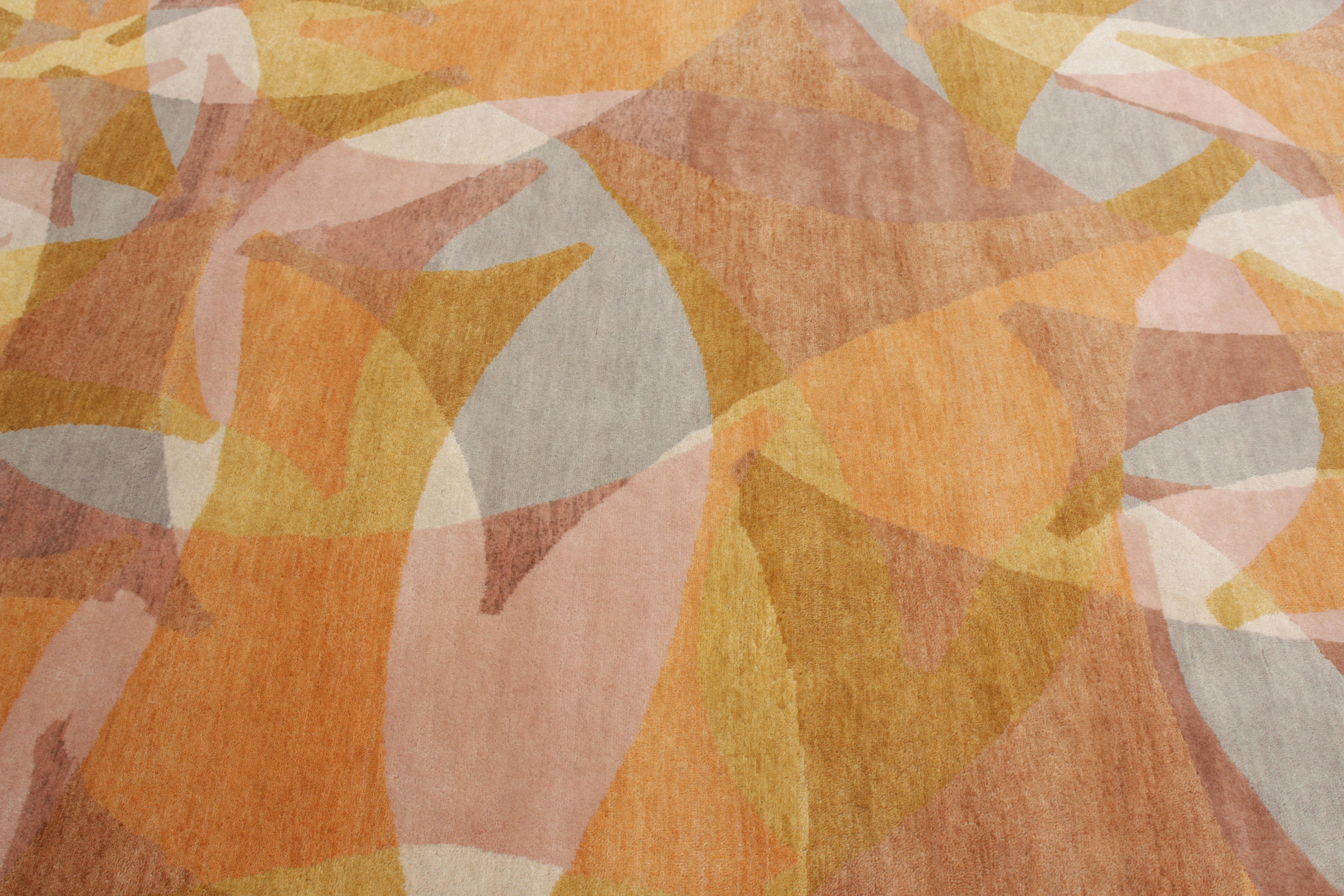 Hand-Knotted Rug & Kilim’s Mid-Century Modern Style Rug in Gold Brown Geometric Pattern For Sale