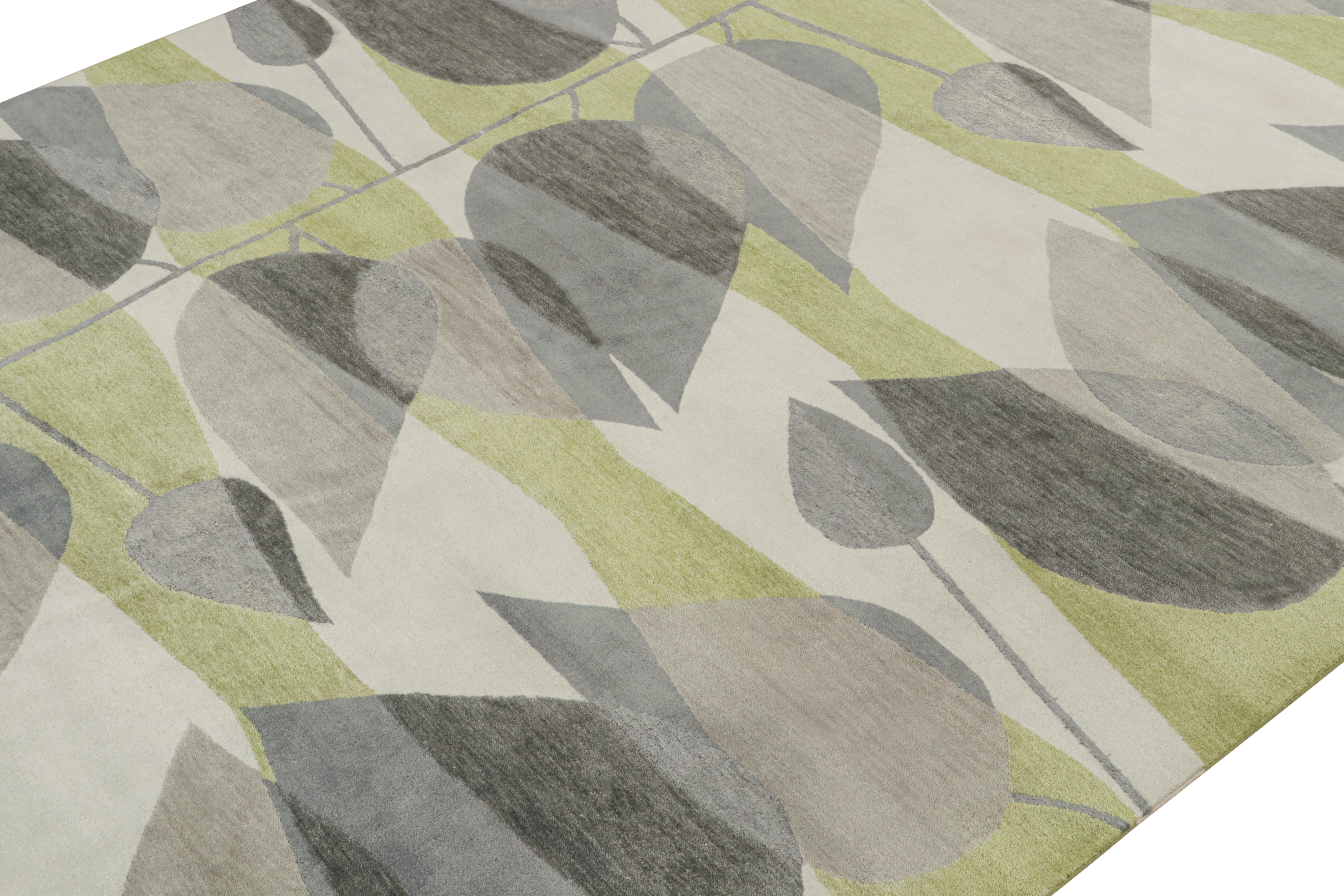 Hand-Knotted Rug & Kilim’s Mid-Century Modern Style Rug in Gray and Green Geometric Patterns For Sale