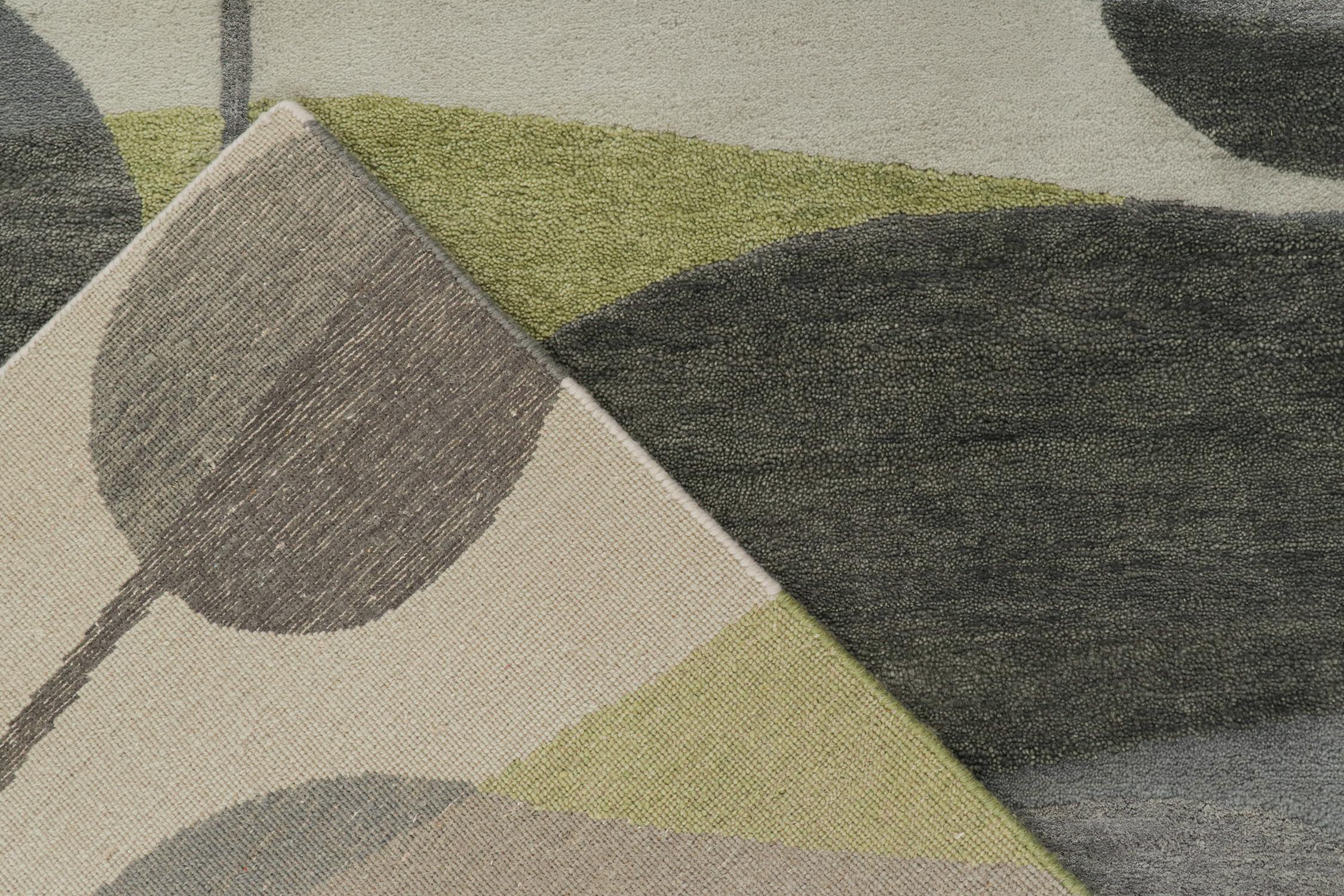 Wool Rug & Kilim’s Mid-Century Modern Style Rug in Gray and Green Geometric Patterns For Sale