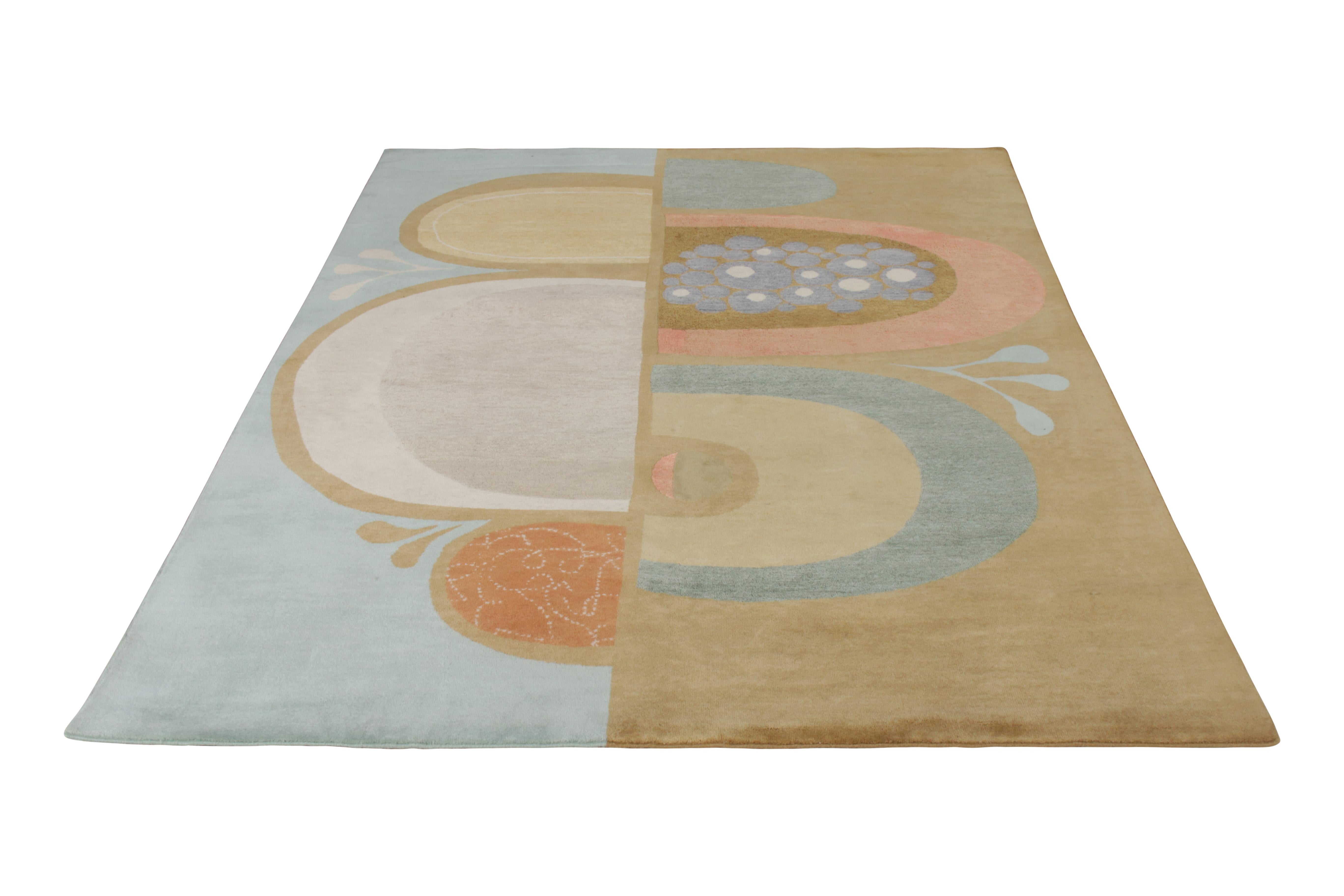 A 6 x 9 rug from Rug & Kilim’s bold Mid-Century Modern Collection, in collaboration with modern artist Jenn Ski. Hand knotted in a unique wool and all-natural silk, exploring varied atomic age styles in playful distinction.

On the design: This
