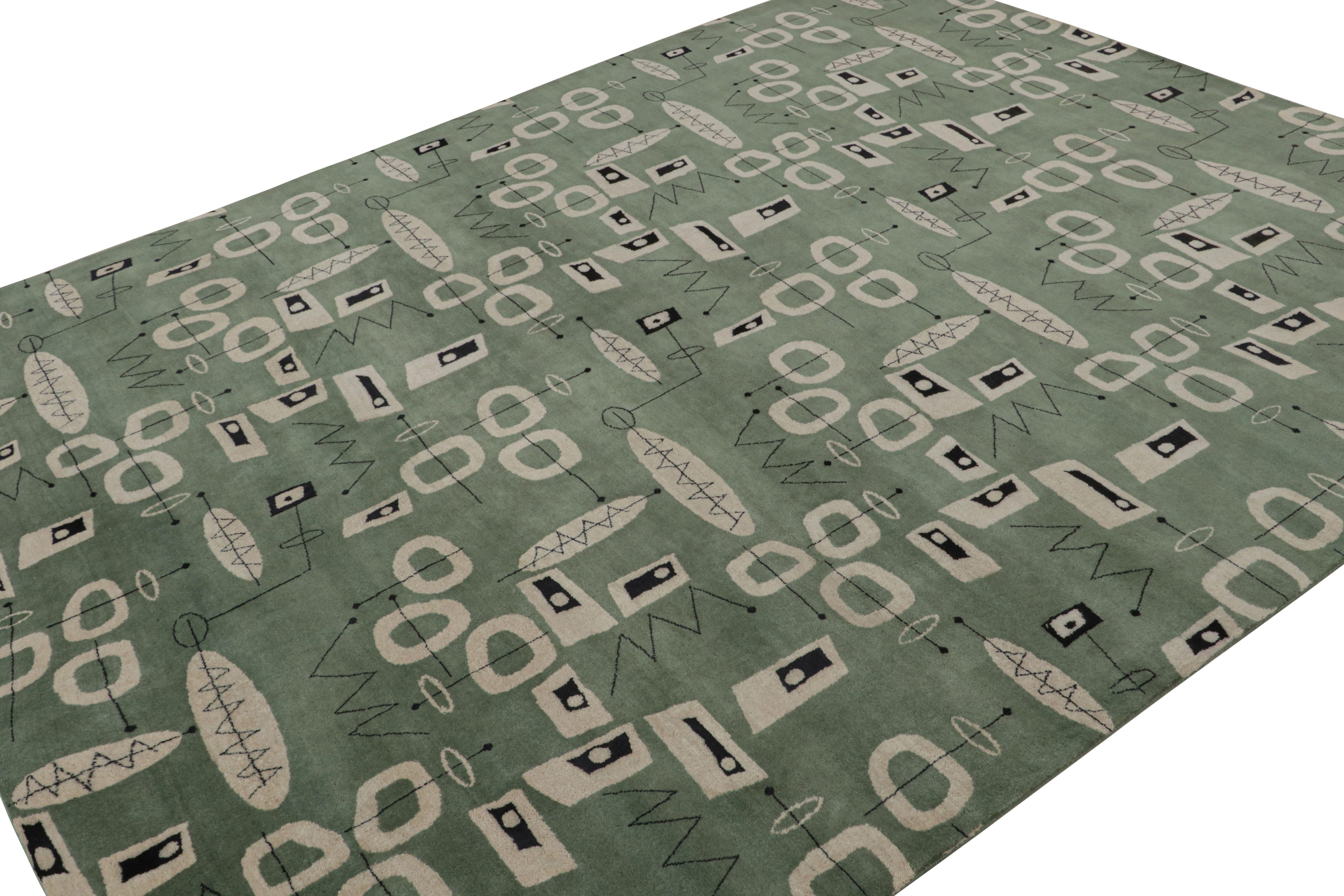 Ce tapis moderne 8x10 est un nouvel ajout à la collection de tapis Mid-Century Modern de Rug & Kilim. Noué à la main en laine et en soie, il représente une interprétation audacieuse de l'esthétique postmoderne des années 1950, jamais vue dans cette