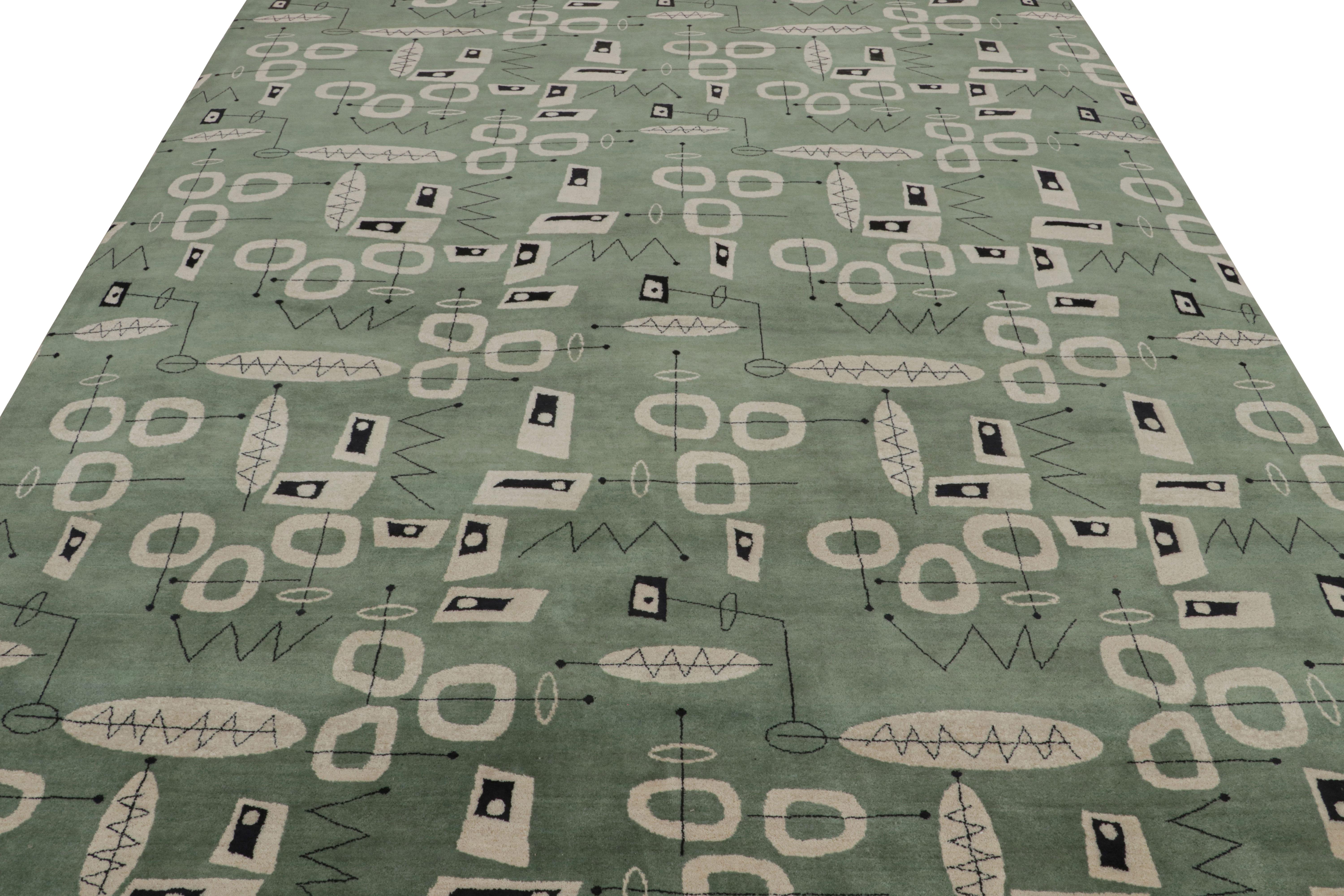Indien Rug & Kilim's Mid-Century Modern Style Rug in Green with Geometric Patterns (tapis de style moderne du milieu du siècle en vert avec des motifs géométriques) en vente
