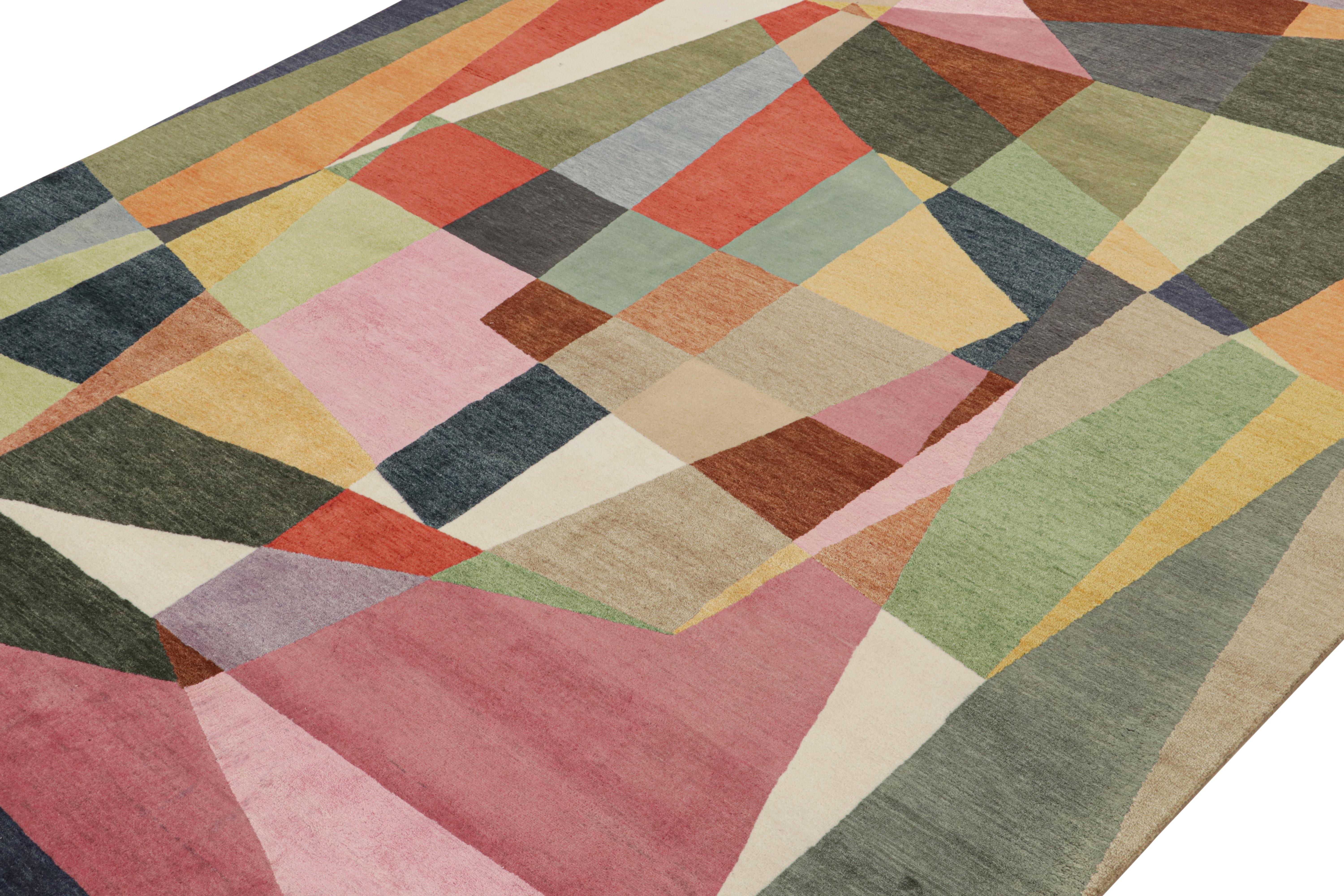 Indian Rug & Kilim’s Mid Century Modern Style Rug in Polychromatic Geometric Patterns For Sale