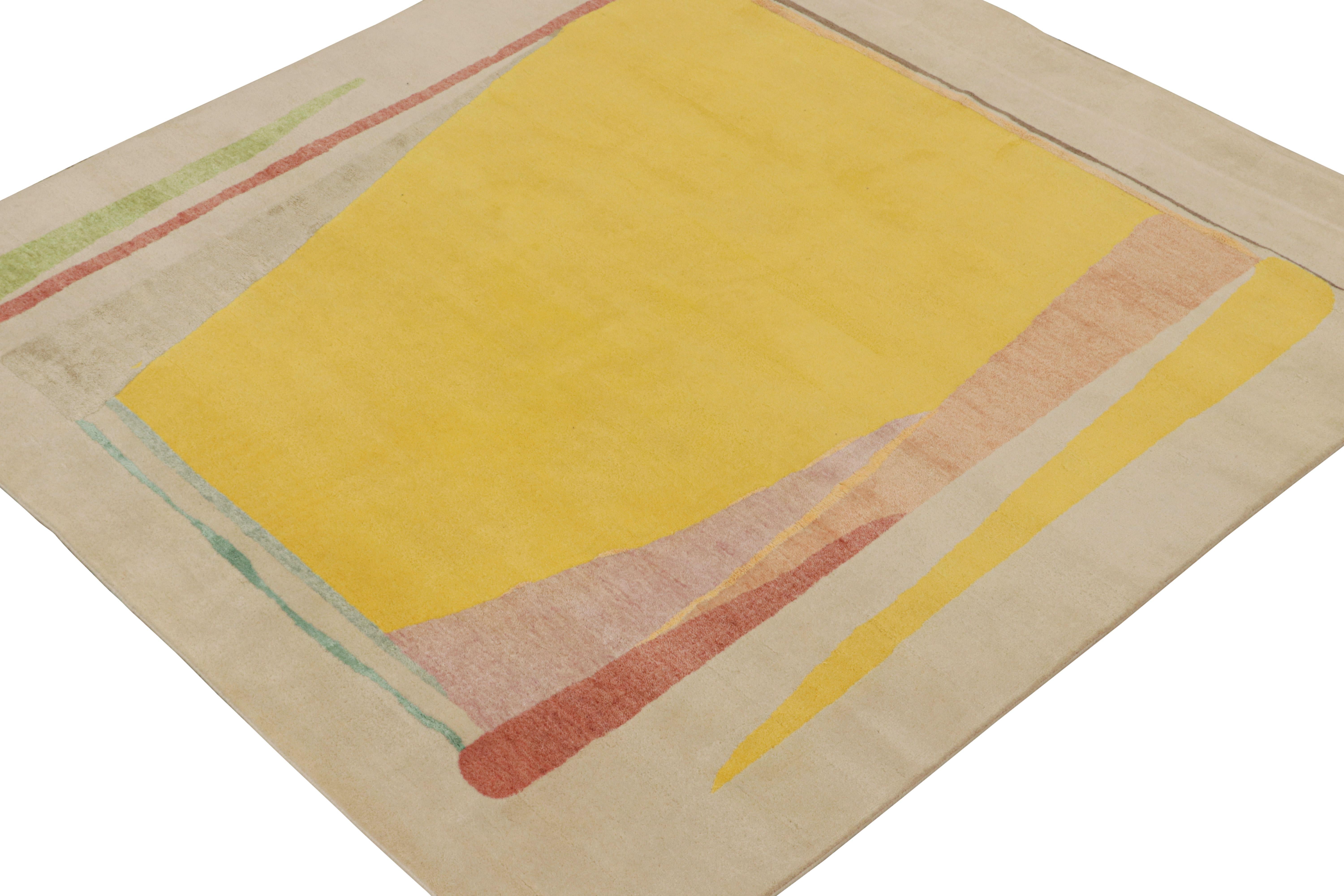 A 6×6 Mid-Century Modern rug from the titular collection by Rug & Kilim—a reimagining of bold 1950s postmodern art styles. 

Hand-knotted in wool, cotton and silk, this design evokes a painterly style in vibrant yellow, red and green on a beige