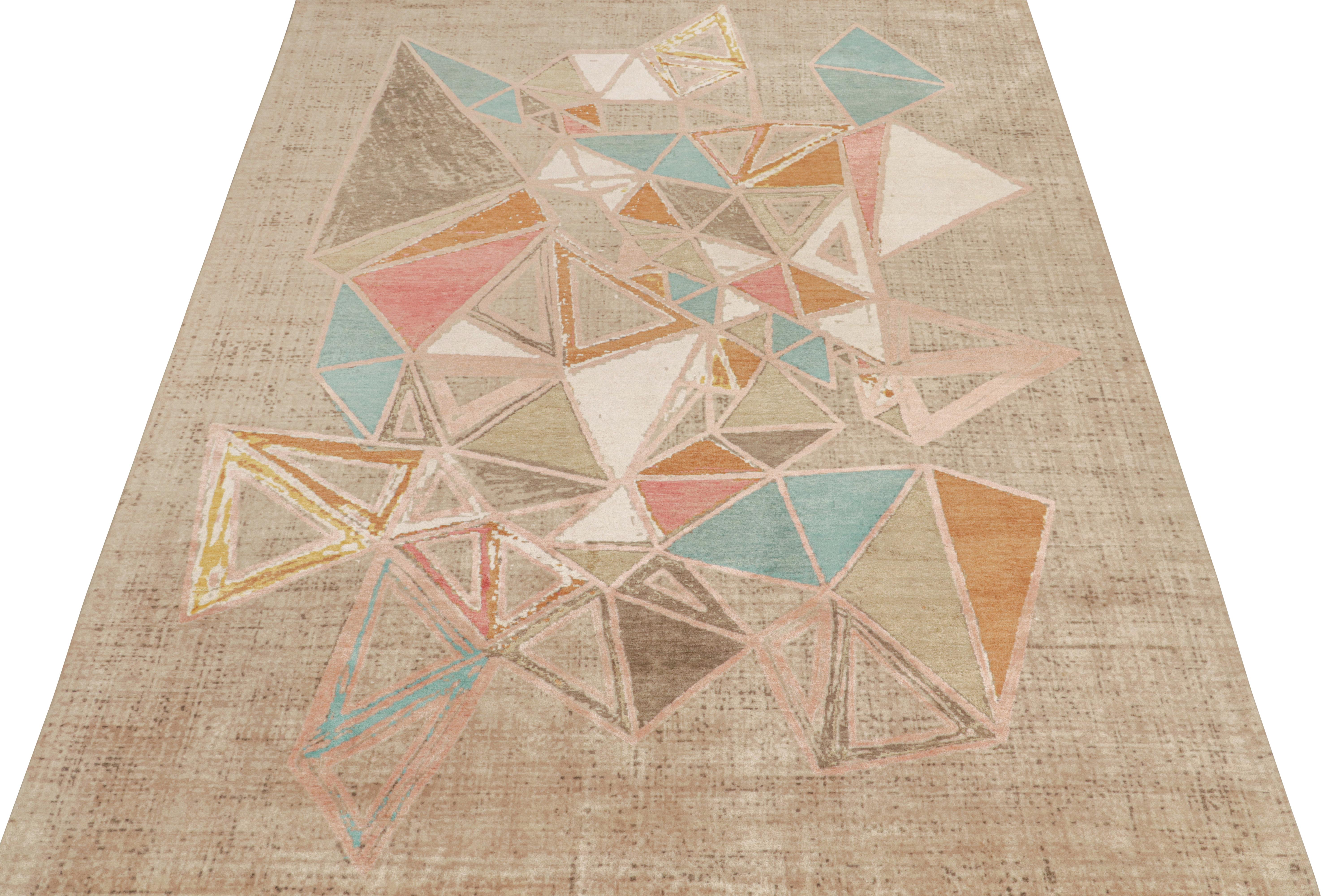 Dieser moderne Teppich im Format 9x12 ist eine aufregende Ergänzung der Mid-Century Modern-Teppichkollektion von Rug & Kilim. Handgeknüpft aus Wolle, Baumwolle und Seide ist es eine kühne Interpretation der postmodernen Ästhetik der 1950er Jahre,