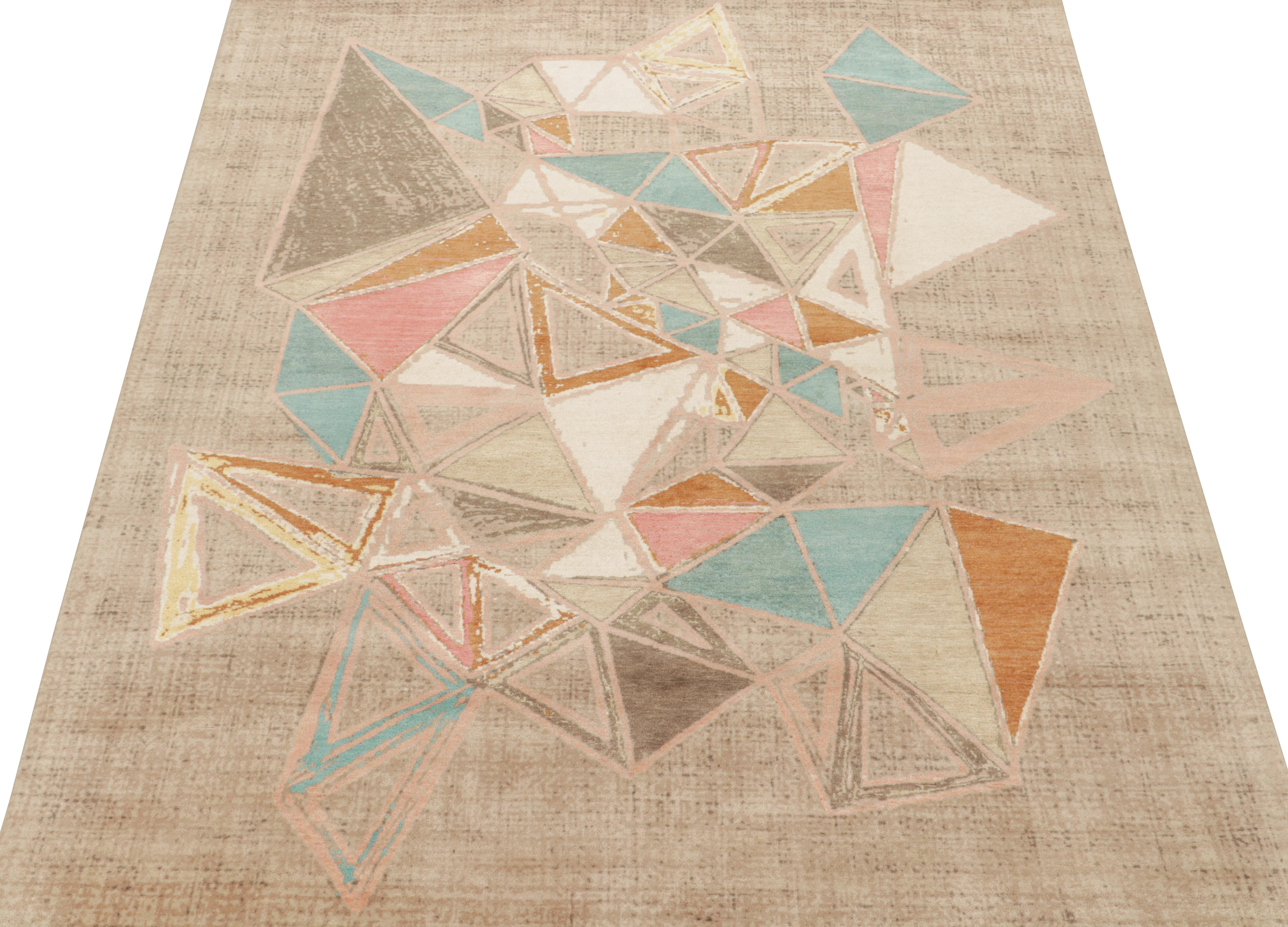 This modern 8x10 rug is an exciting new addition to the Mid-Century Modern rug collection by Rug & Kilim. Hand-knotted in wool, cotton and silk, it’s a bold take on 1950s postmodern aesthetics never-before seen in this quality. 

This design draws