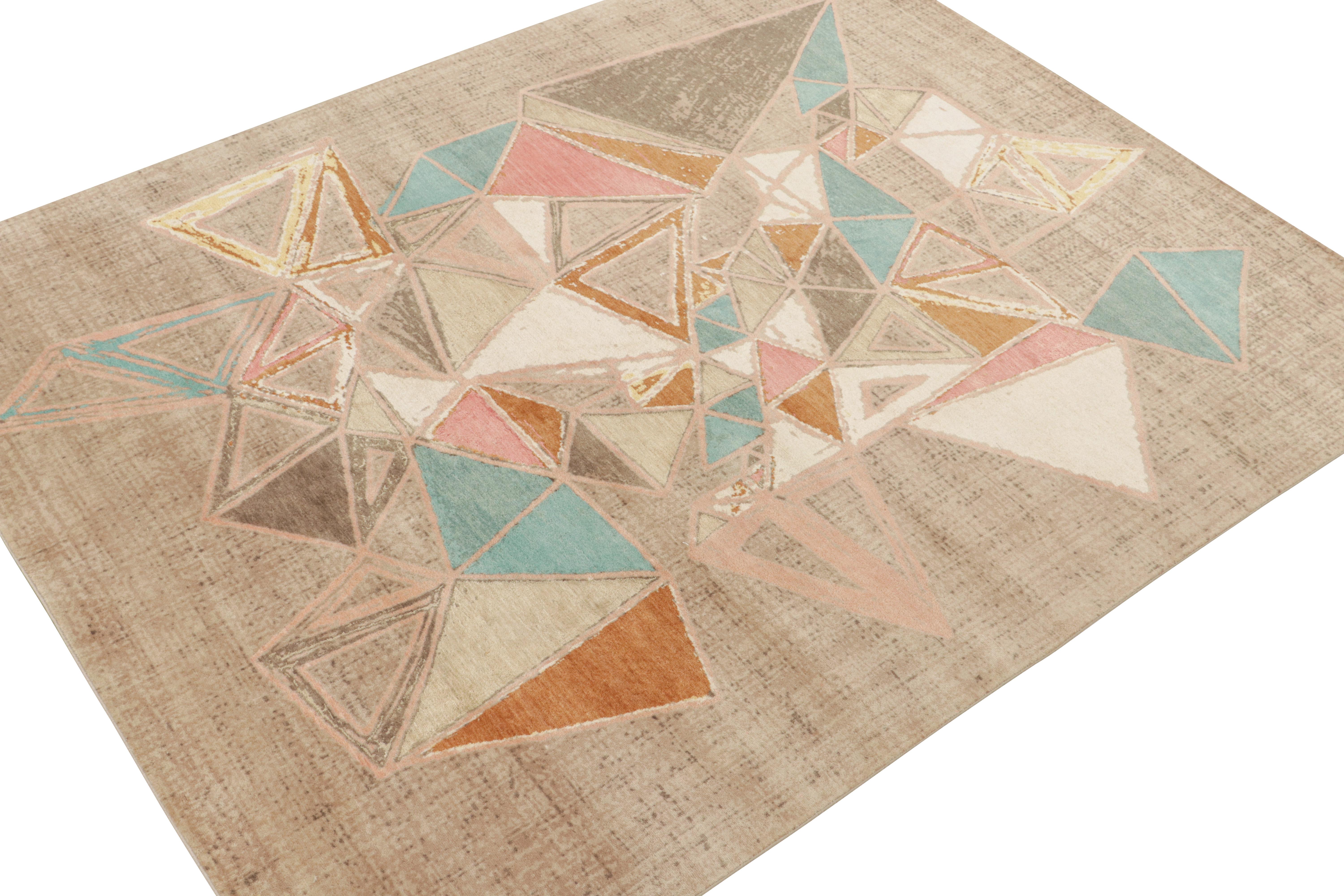 Indian Rug & Kilim’s Mid-Century Modern Style Rug in Polychromatic Patterns on Beige For Sale