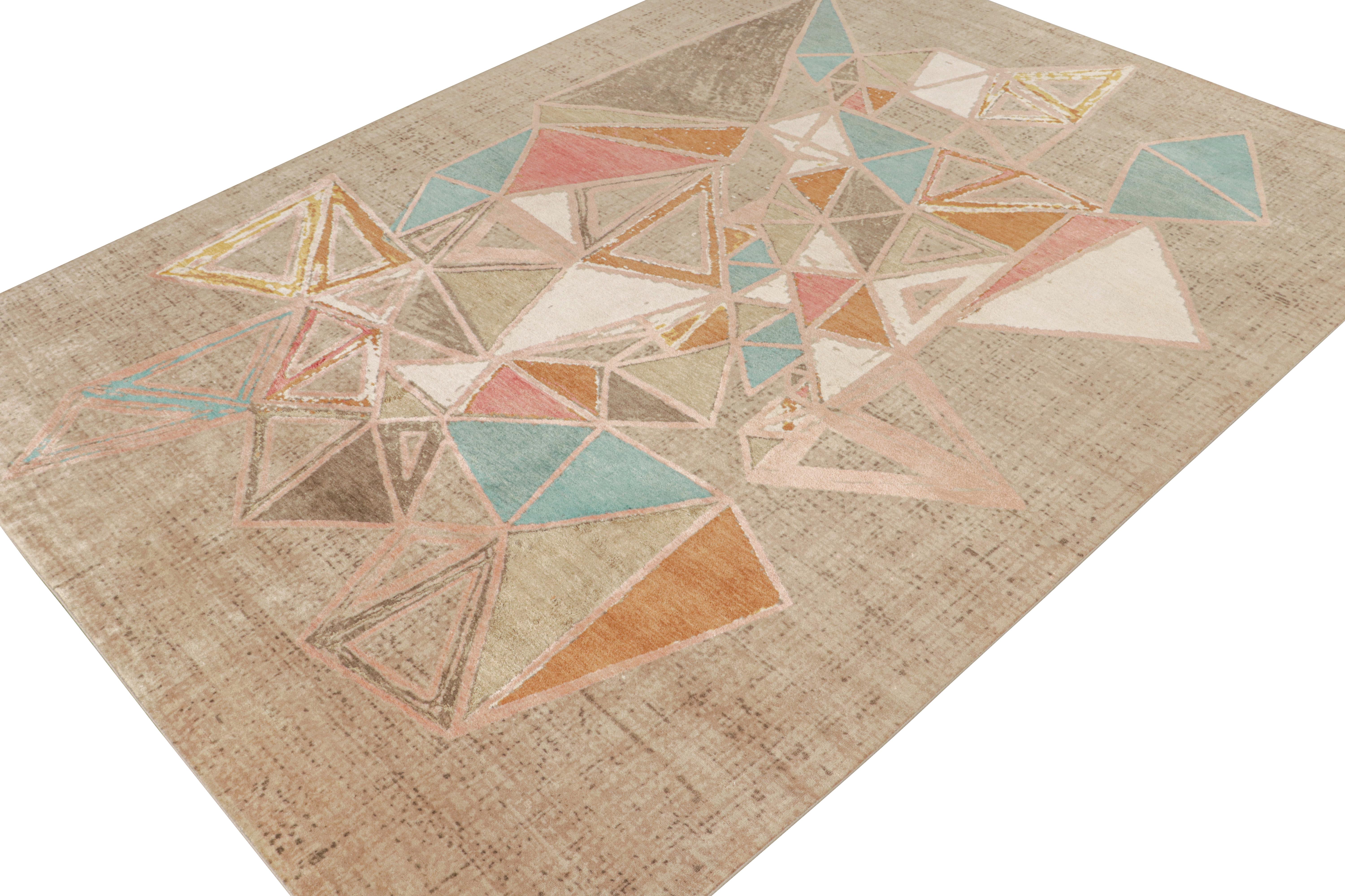 Indian Rug & Kilim’s Mid-Century Modern Style rug in Polychromatic Patterns on Beige For Sale